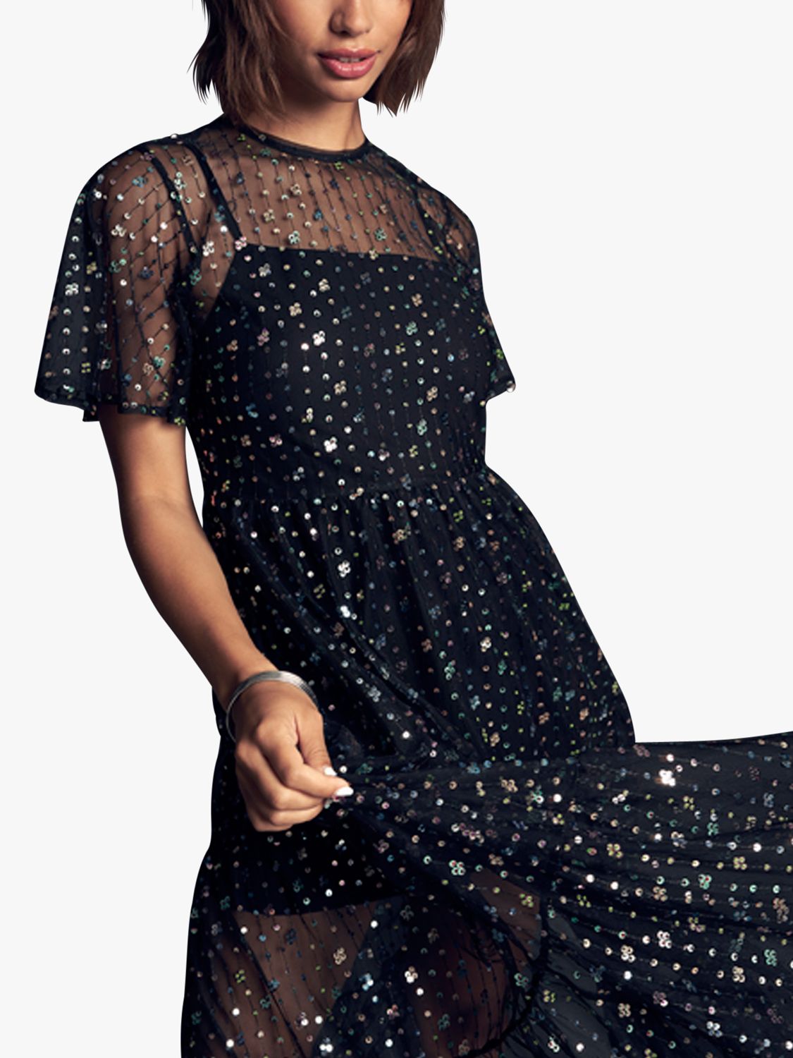 Superdry Sheer Sequin Woven Midi Dress, Multi Black Sequin