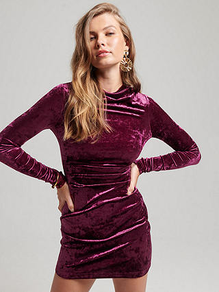 Superdry Velvet Long Sleeve Mini Dress, Maroon Crush