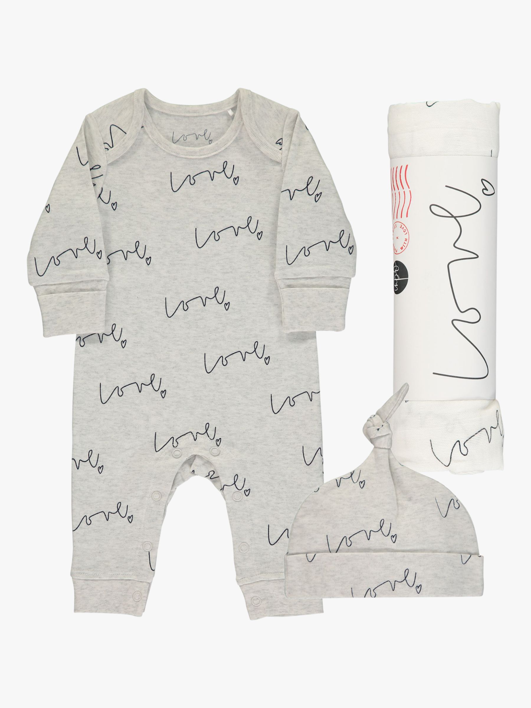 From Babies with Love Love Script Baby Grow, Hat & Muslin Shawl Gift Set, Grey, 0-3 months