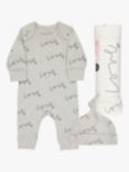 From Babies with Love Love Script Baby Grow, Hat & Muslin Shawl Gift Set, Grey