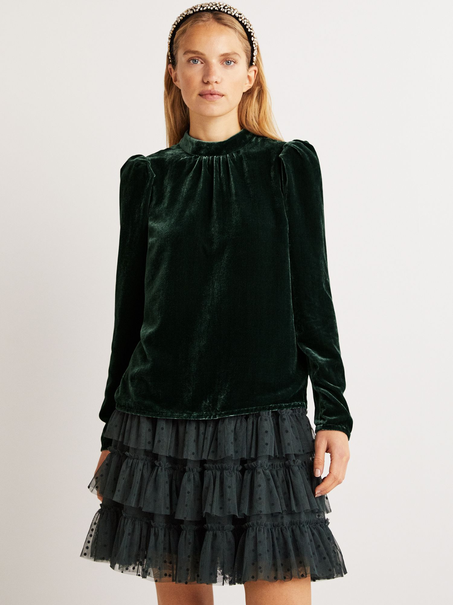 Boden Velvet Puff Sleeve Top, Onyx Green at John Lewis & Partners