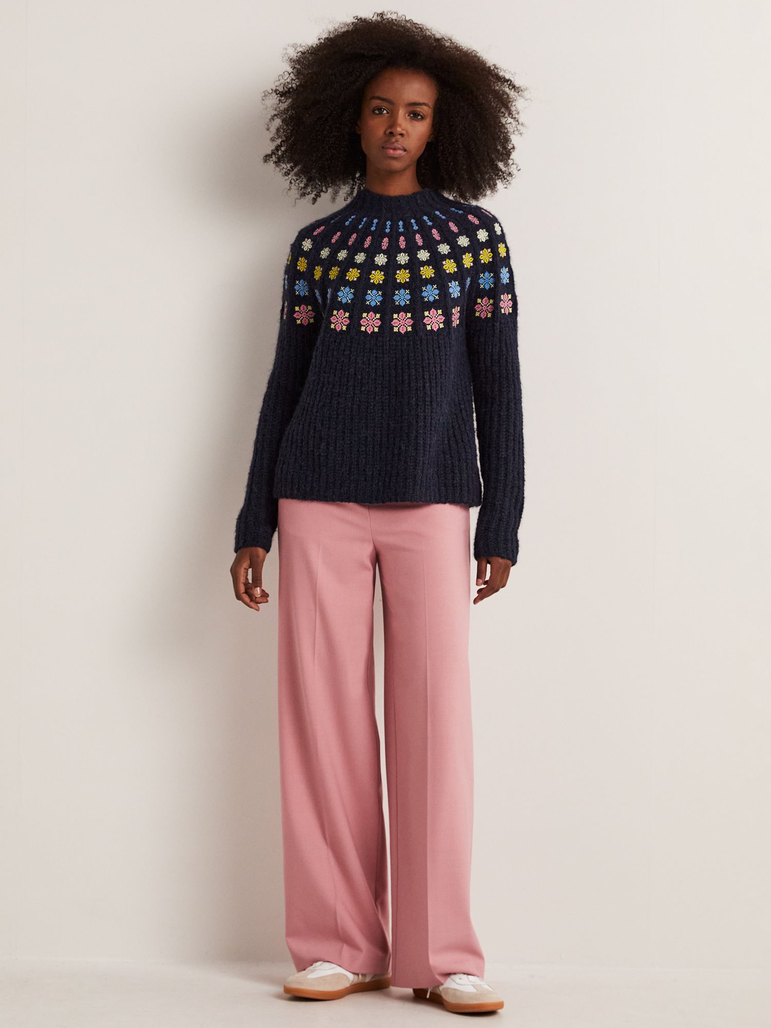 Boden Fluffy Embroidered Jumper, Navy/Multi at John Lewis & Partners