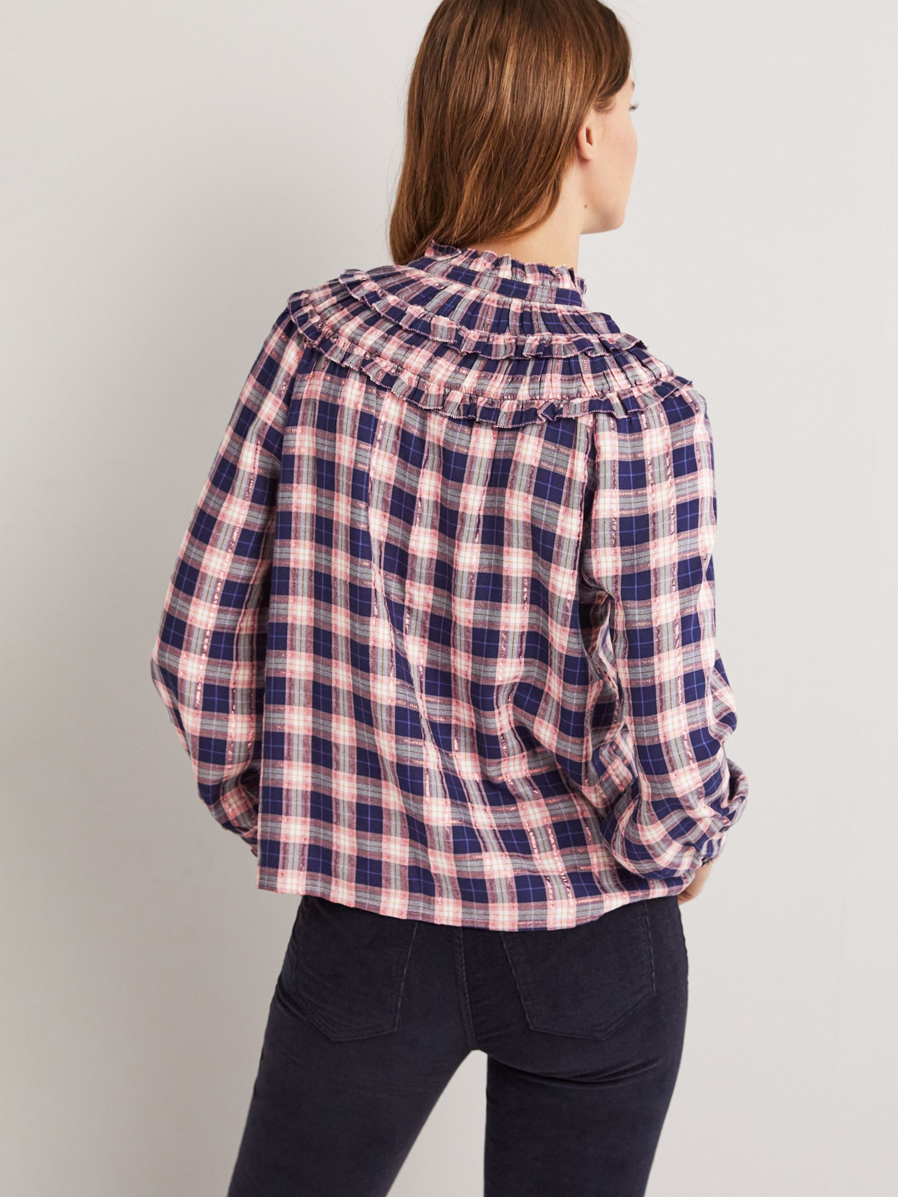Buy Boden Check High Frill Neck Blouse, Navy/Multi Online at johnlewis.com