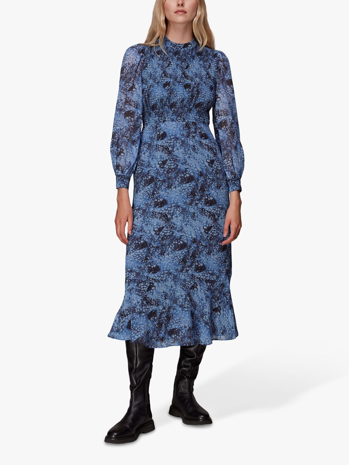 Whistles Snow Flurry Shirred Dress, Blue/Multi at John Lewis & Partners