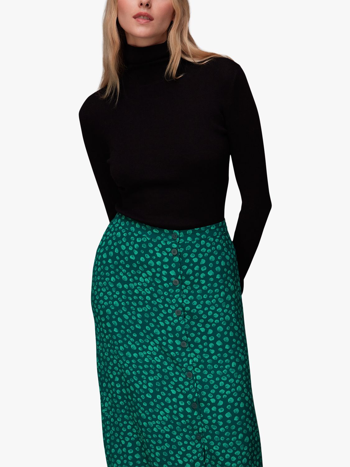 Whistles Lava Spot Button Through Skirt, Green/Multi at John Lewis ...