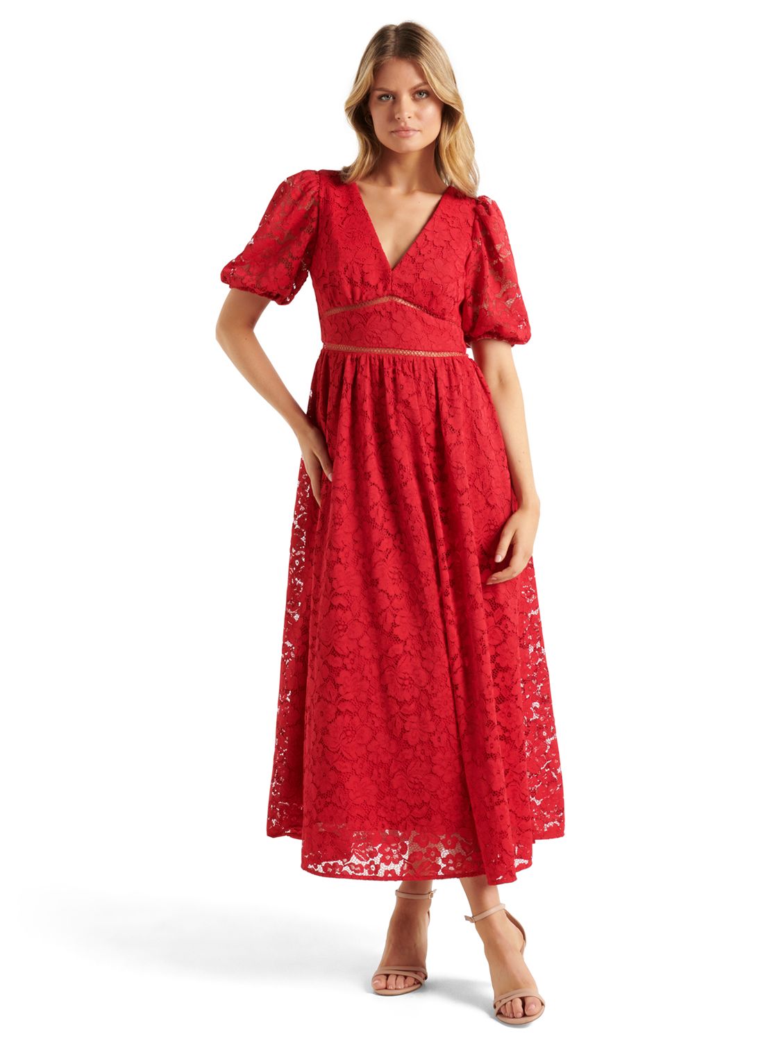 Forever New Ivanka Lace V-Neck Midi Dress, Crimson, 6