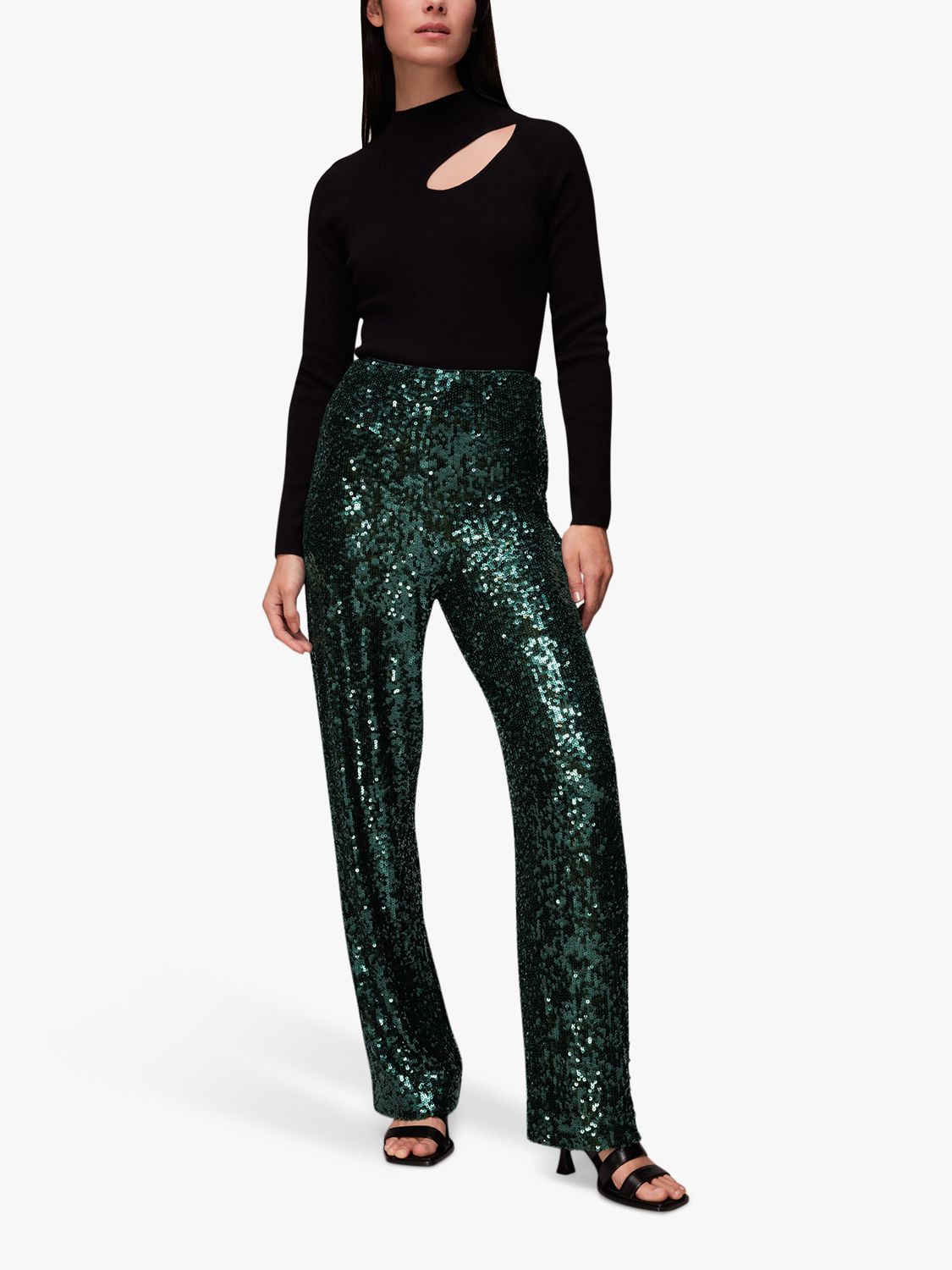 Whistles Petra Sequin Trousers, Dark Green at John Lewis & Partners