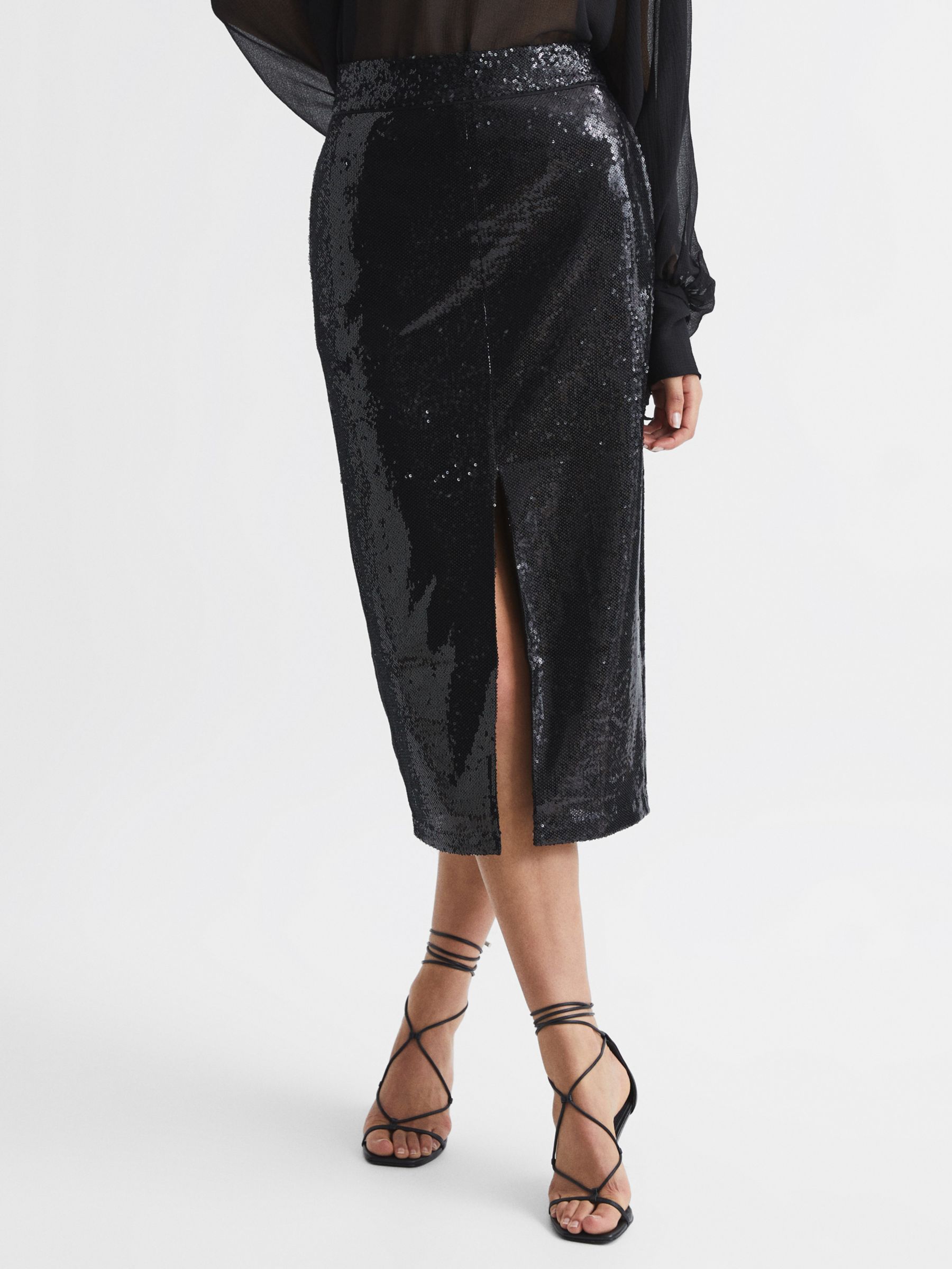 Reiss Dakota Sequin Midi Skirt, Black