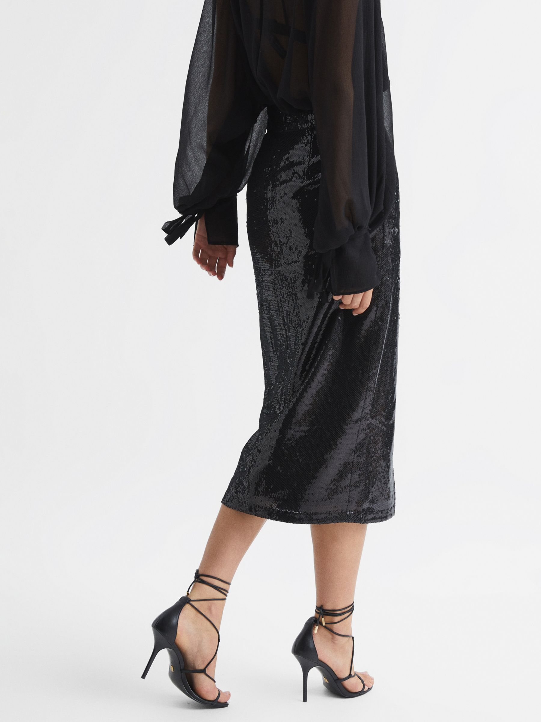 Reiss Dakota Sequin Midi Skirt, Black at John Lewis & Partners