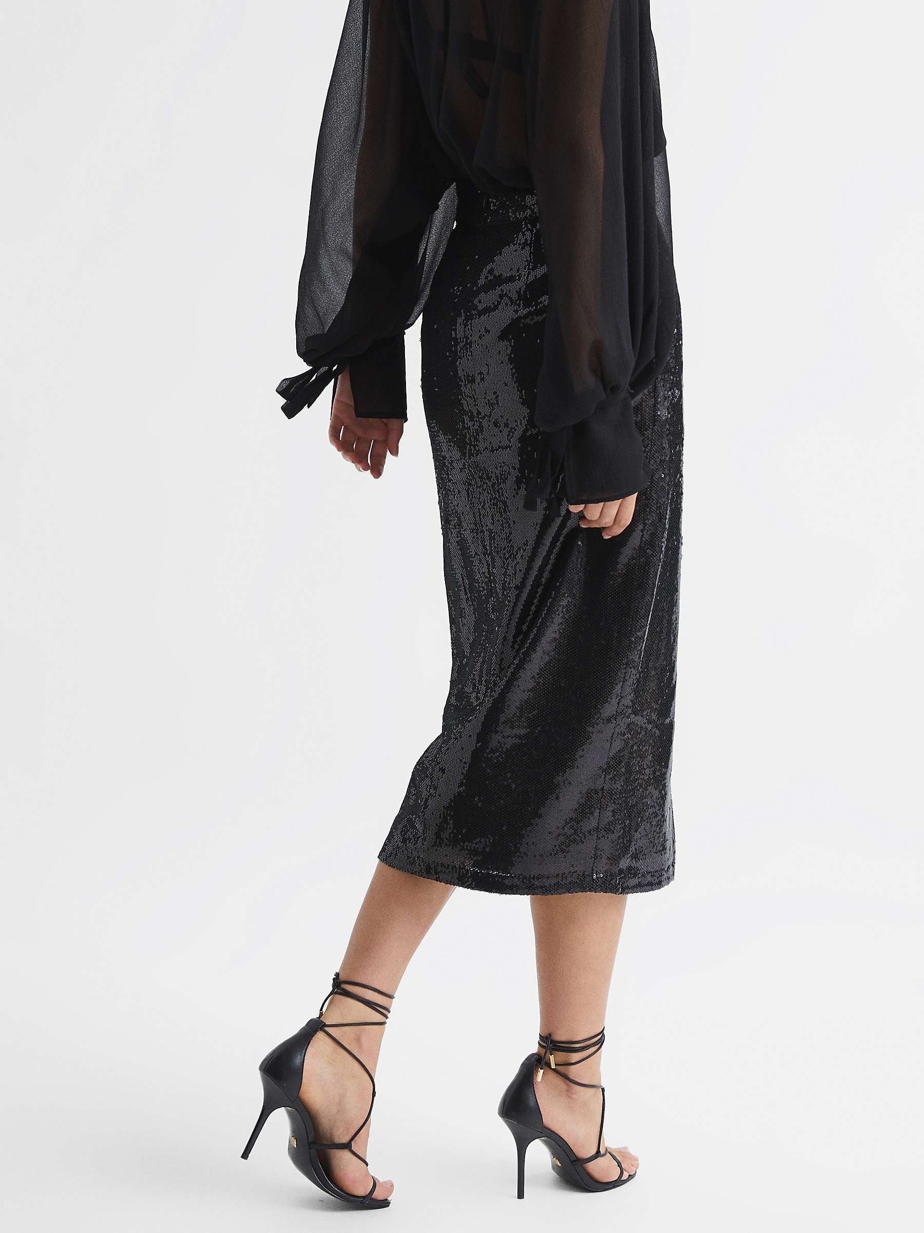 Reiss Dakota Sequin Midi Skirt, Black at John Lewis & Partners