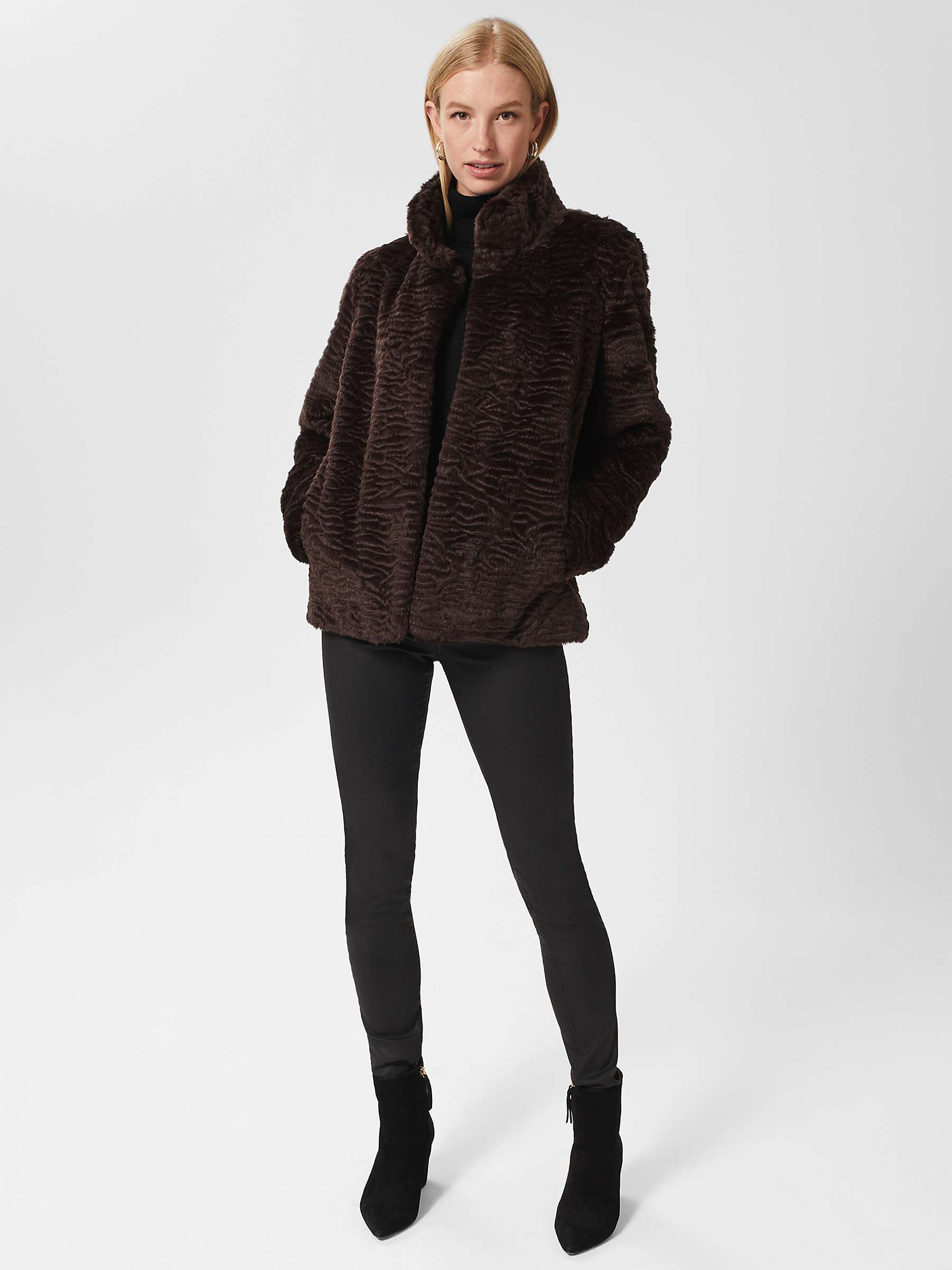 Hobbs Lia Faux Fur Coat, Aubergine at John Lewis & Partners