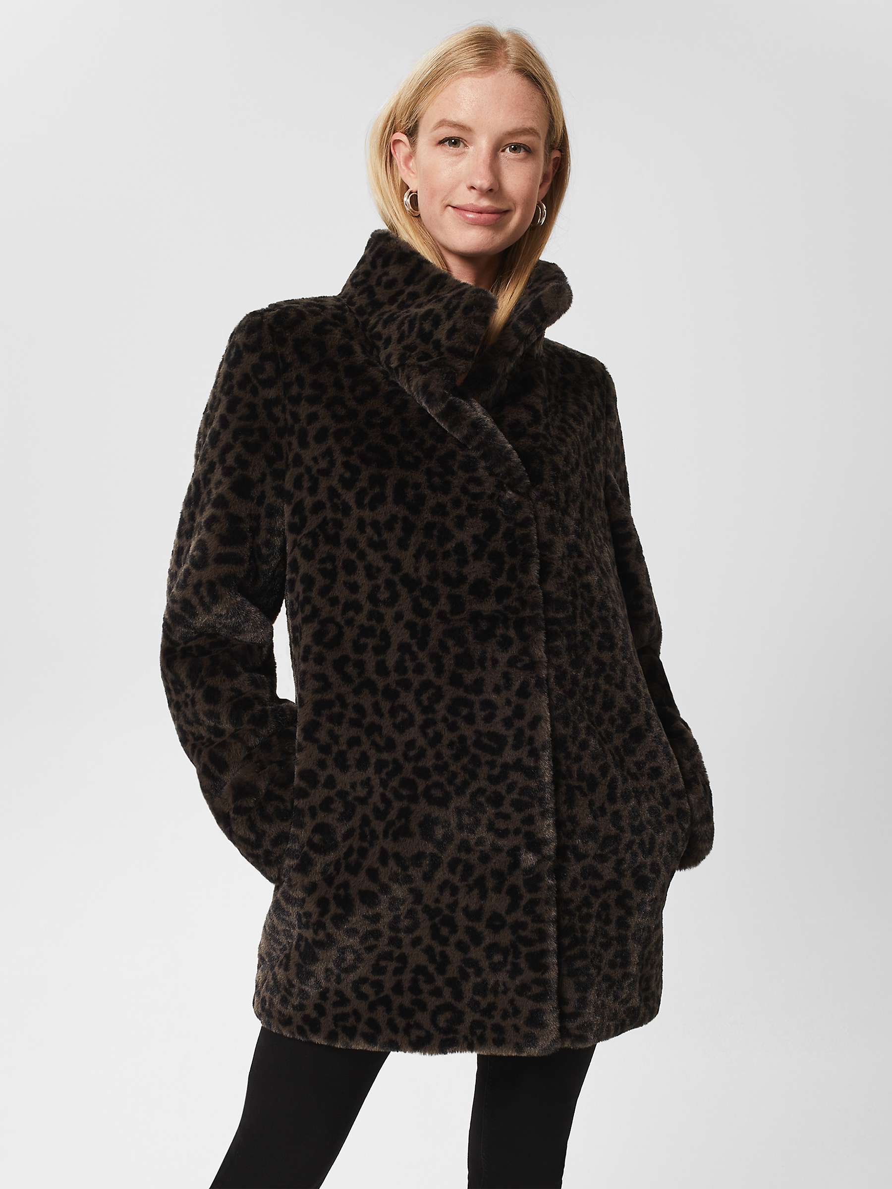 Hobbs Maddox Leopard Print Faux Fur Coat, Charcoal at John Lewis & Partners