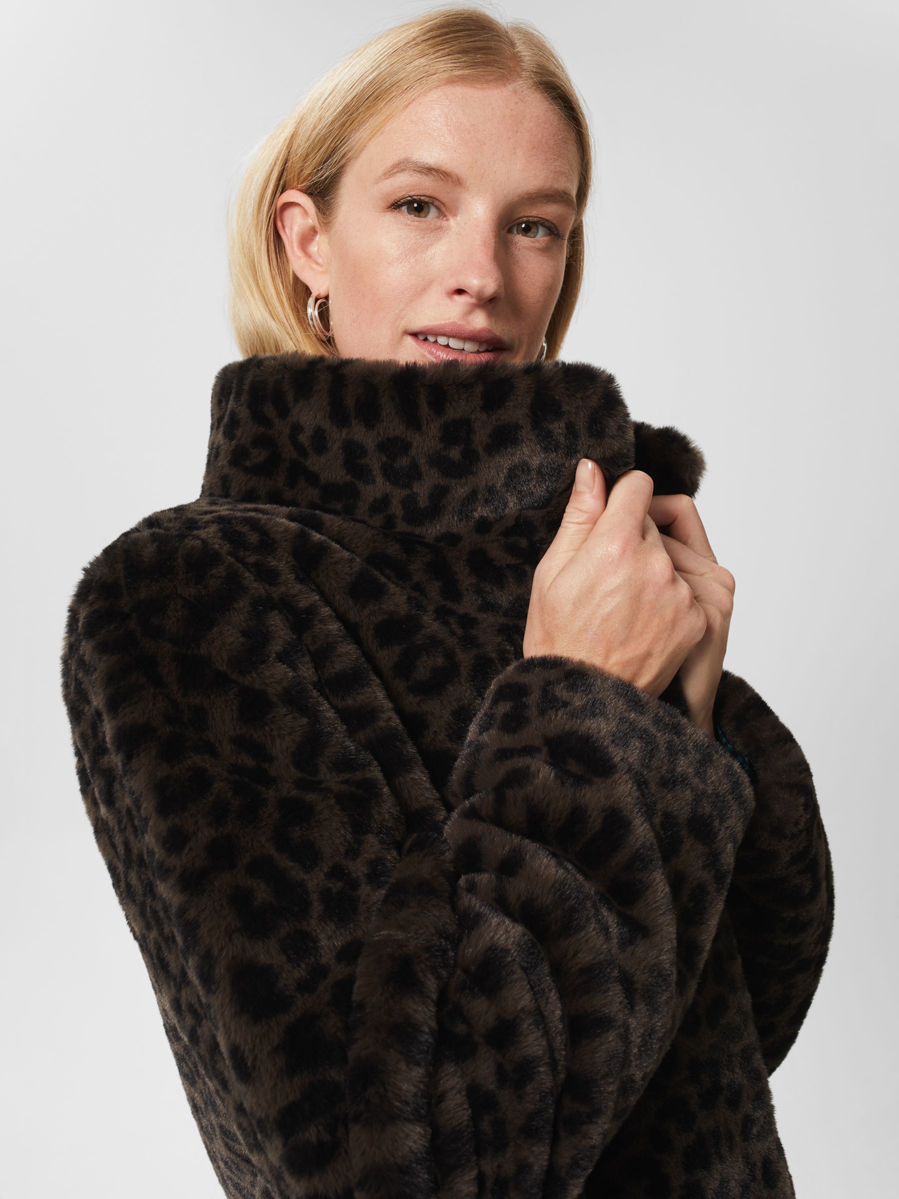 Hobbs Maddox Leopard Print Faux Fur Coat, Charcoal at John Lewis & Partners