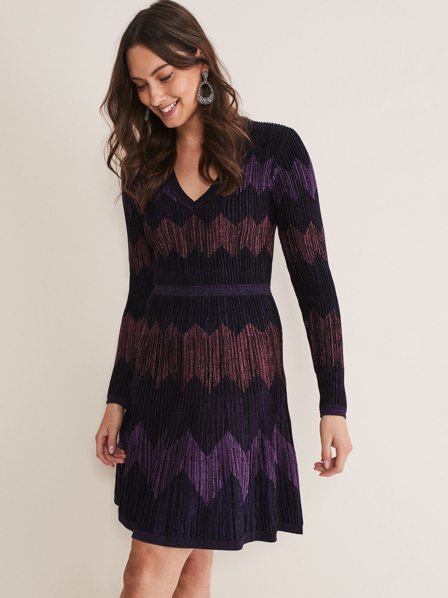 Phase Eight Enola Zig Zag Knitted Dress, Purple, 8