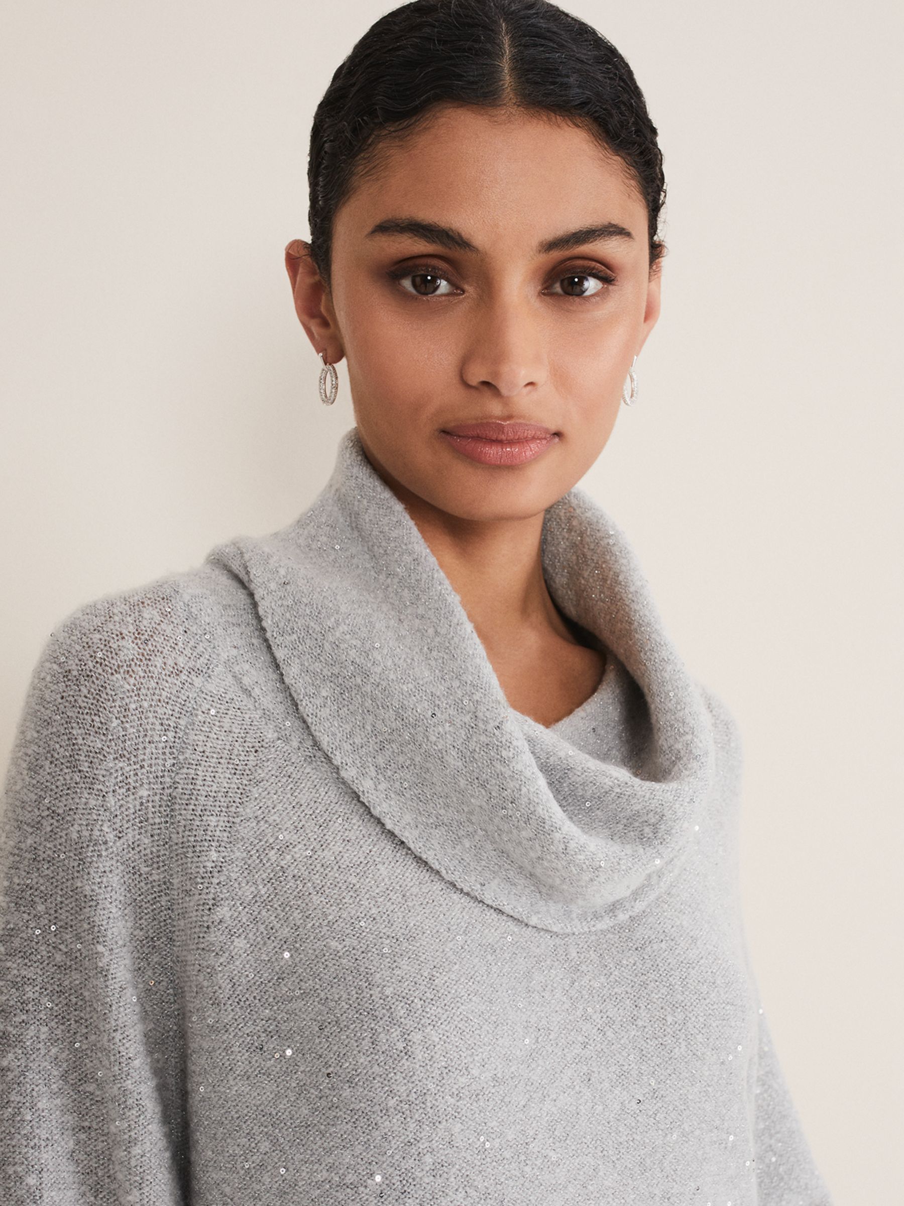 Phase Eight Bronte Cowl Neck Sequin Jumper, Silver at John Lewis & Partners