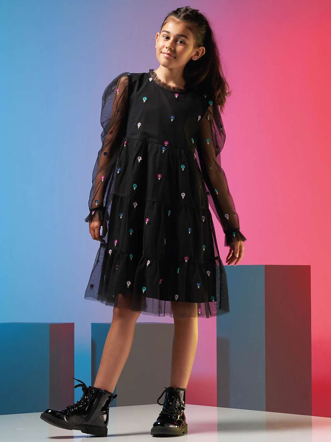 Buy Angel & Rocket Kids' Daisy Embroidered Floral Party Dress, Black Online at johnlewis.com