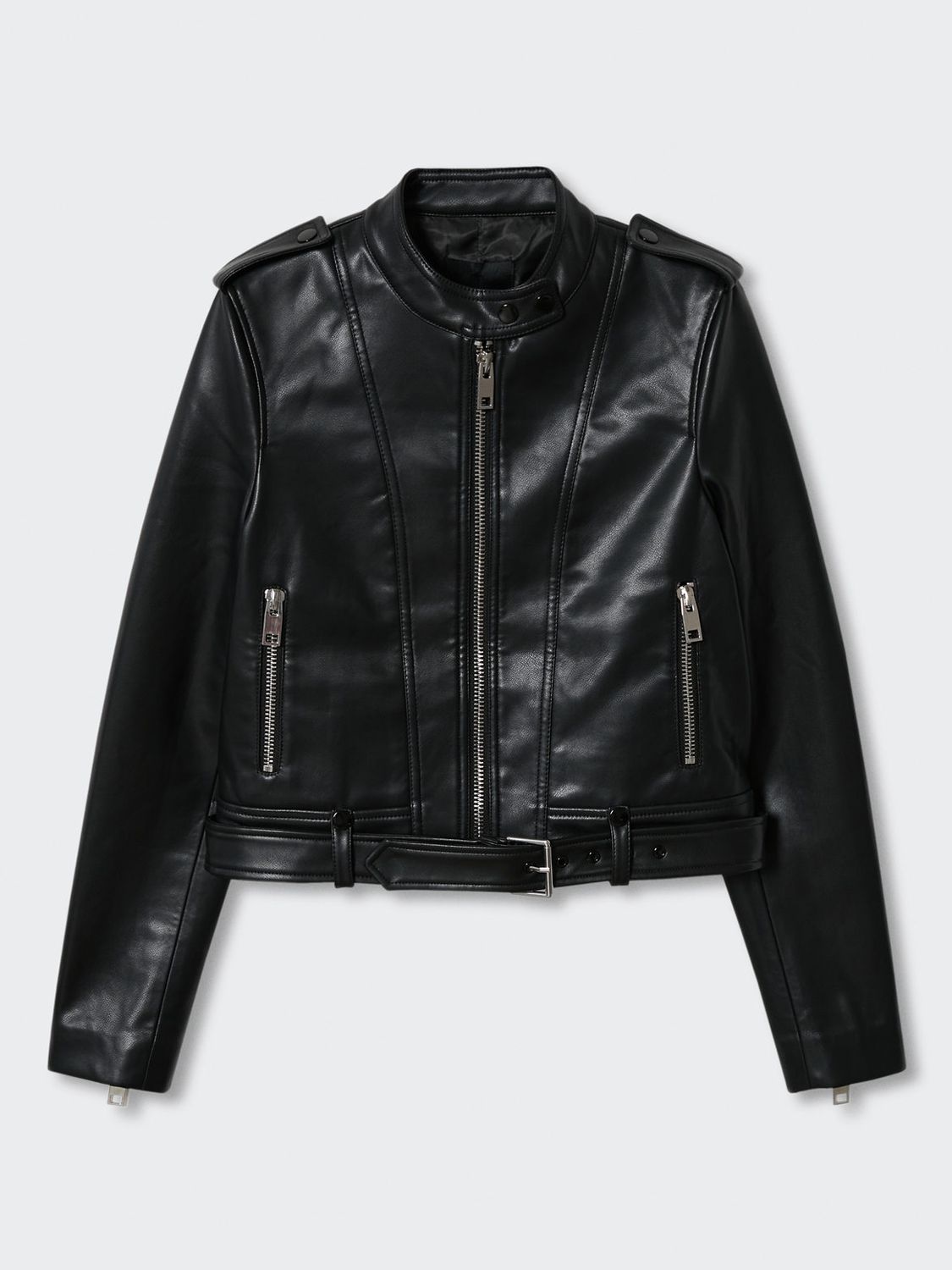 Mango Faux Leather Biker Jacket, Black