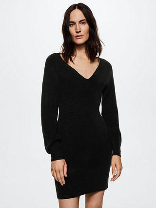 Mango Jolene Puff Sleeve Wool Blend Knitted Dress, Black