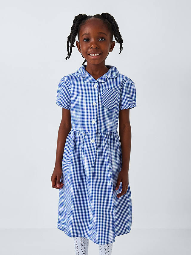 John Lewis School Belted Gingham Checked Summer Dress, Blue Navy