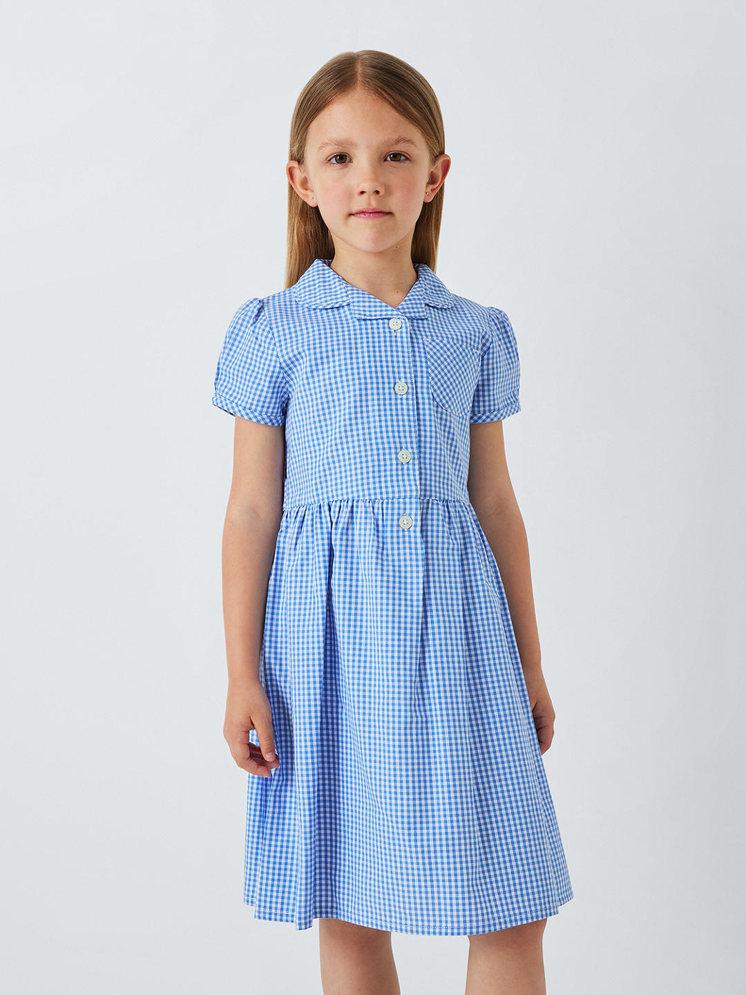 John Lewis School Belted Gingham Checked Summer Dress, Light Blue