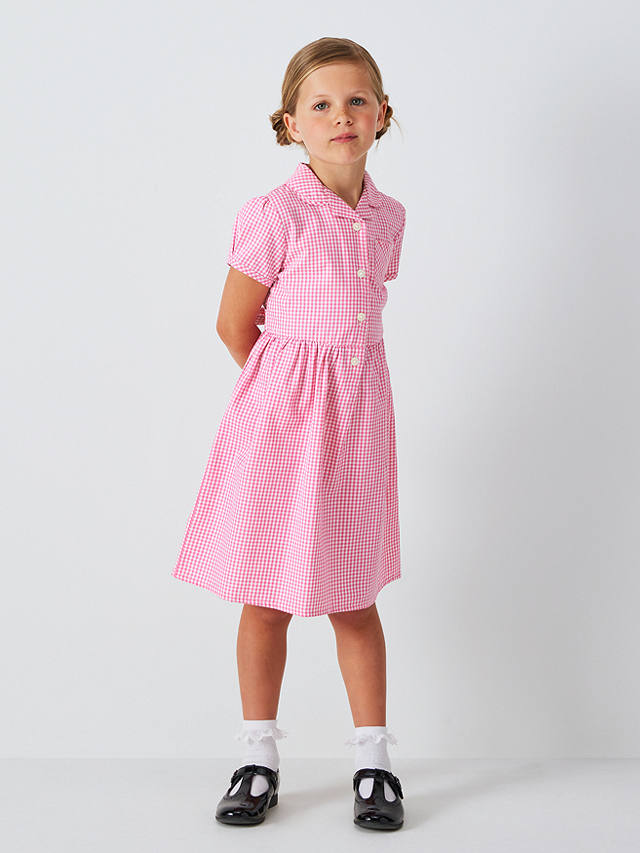 John Lewis School Belted Gingham Checked Summer Dress, Pink Mid