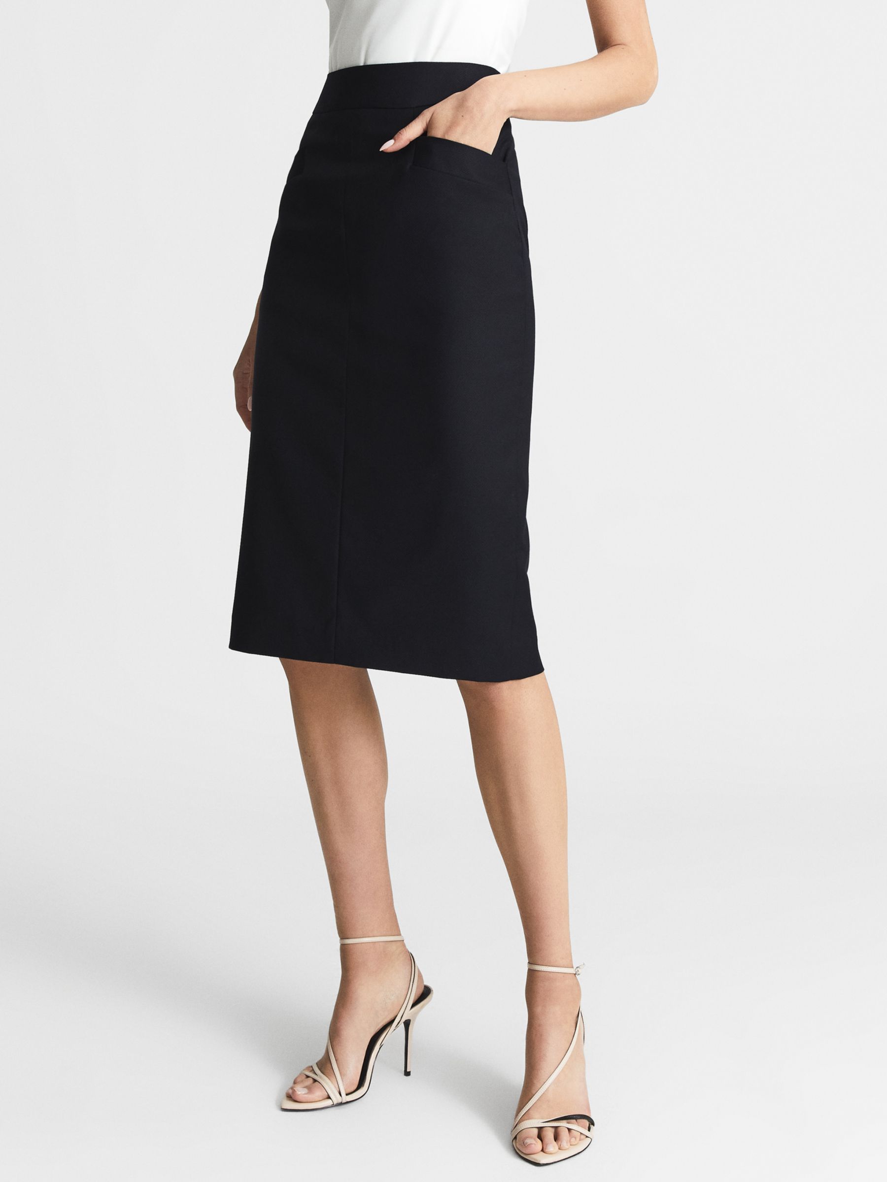 Reiss Haisley Wool Blend Pencil Skirt, Navy at John Lewis & Partners