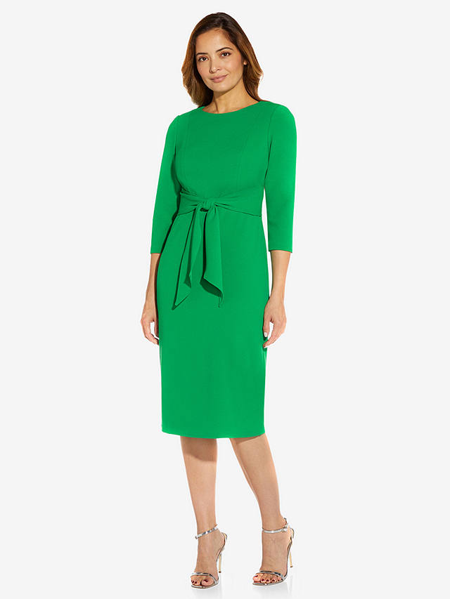 Adrianna Papell Knit Crepe Tie Waist Sheath Knee Length Dress, Vivid Green