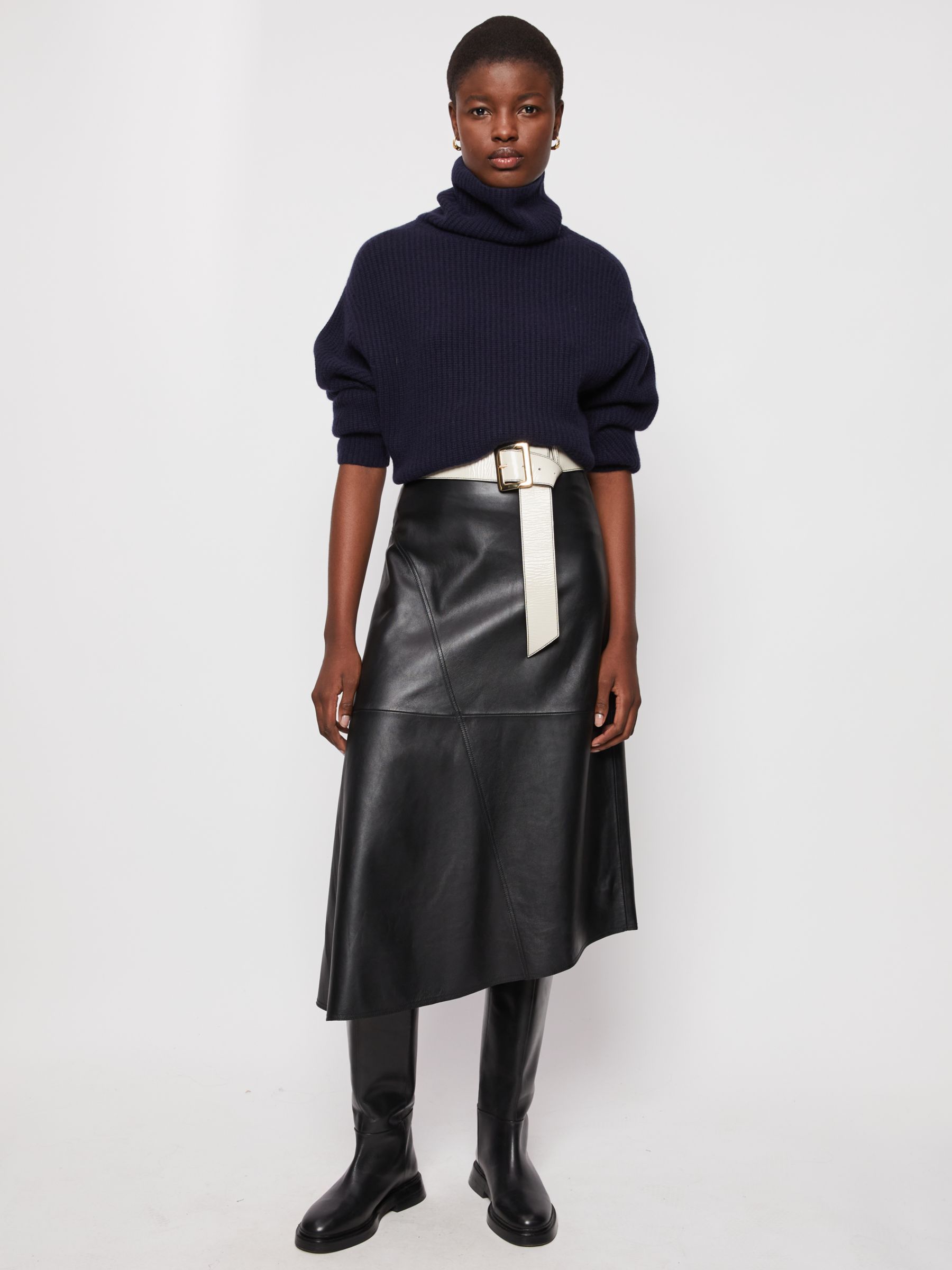 Jigsaw Leather Midi Asymmetric Skirt, Black at John Lewis & Partners