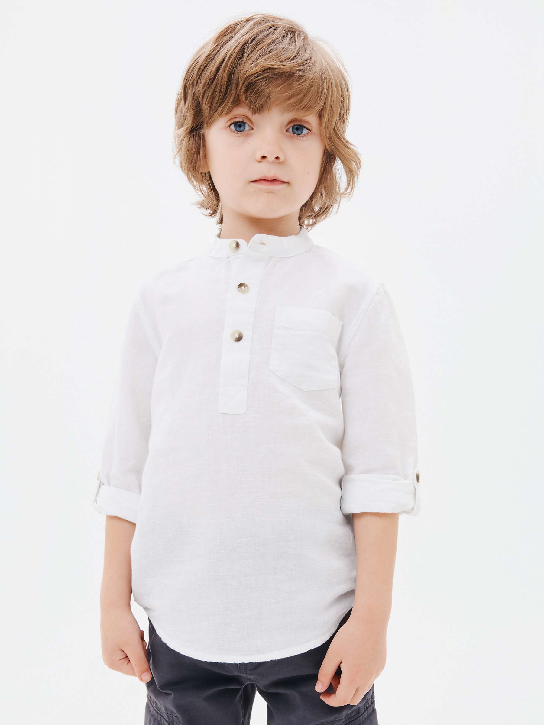 John Lewis Kids' Grandad Collar Cotton Linen Blend Shirt, White at John ...