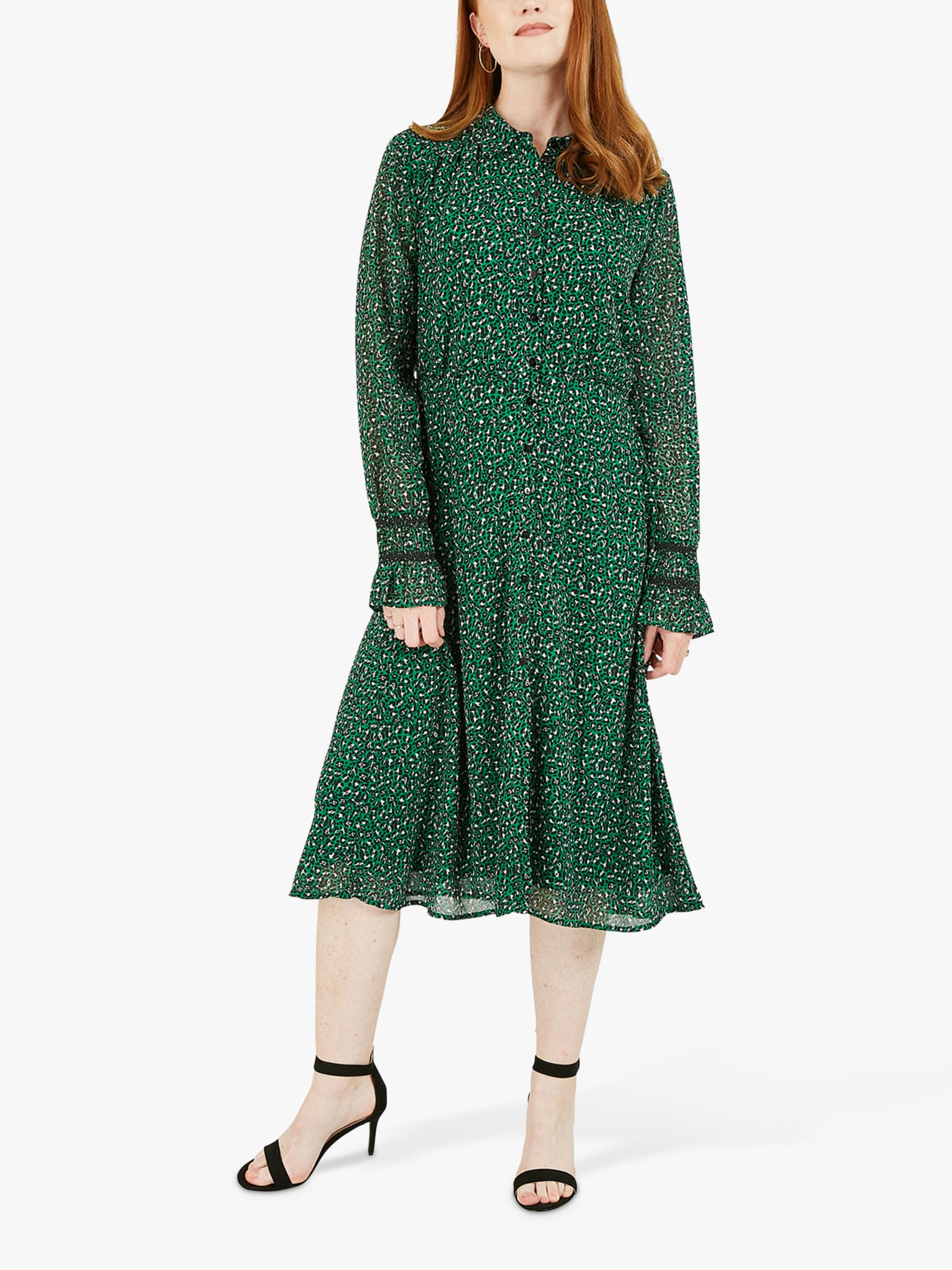 Yumi Leopard Print Midi Shirt Dress, Green at John Lewis & Partners