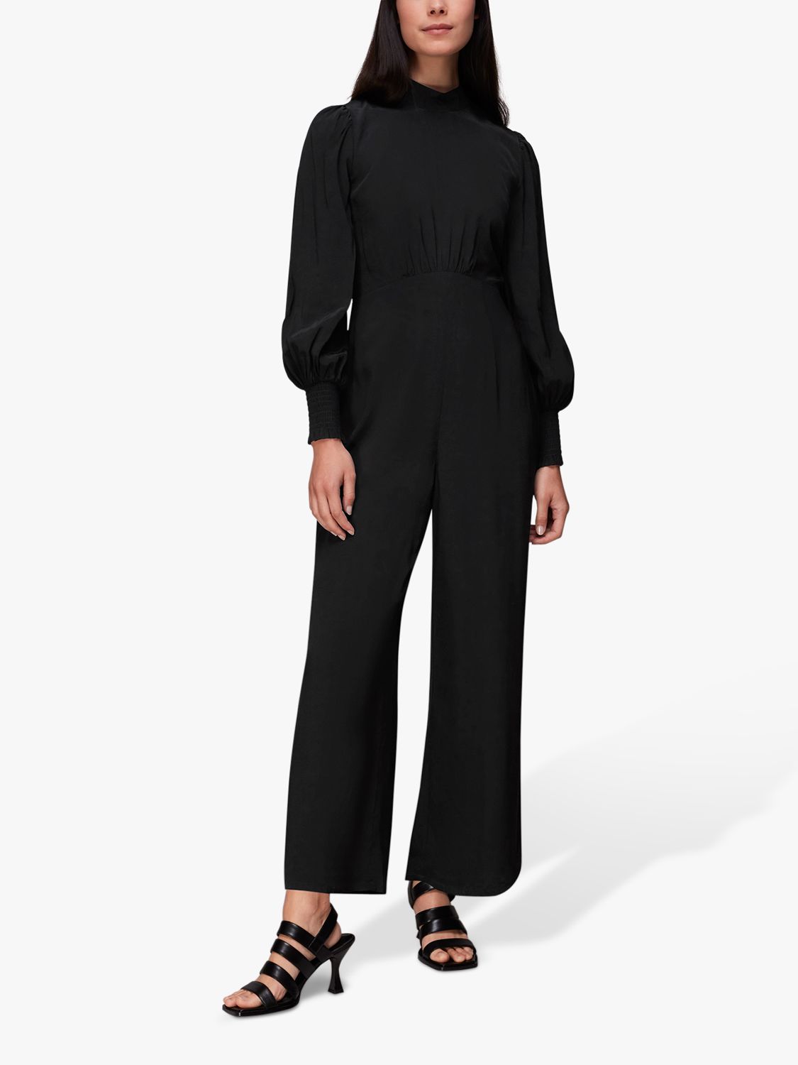 Whistles Shirred Cuff Empire Line Jumpsuit, Black at John Lewis & Partners