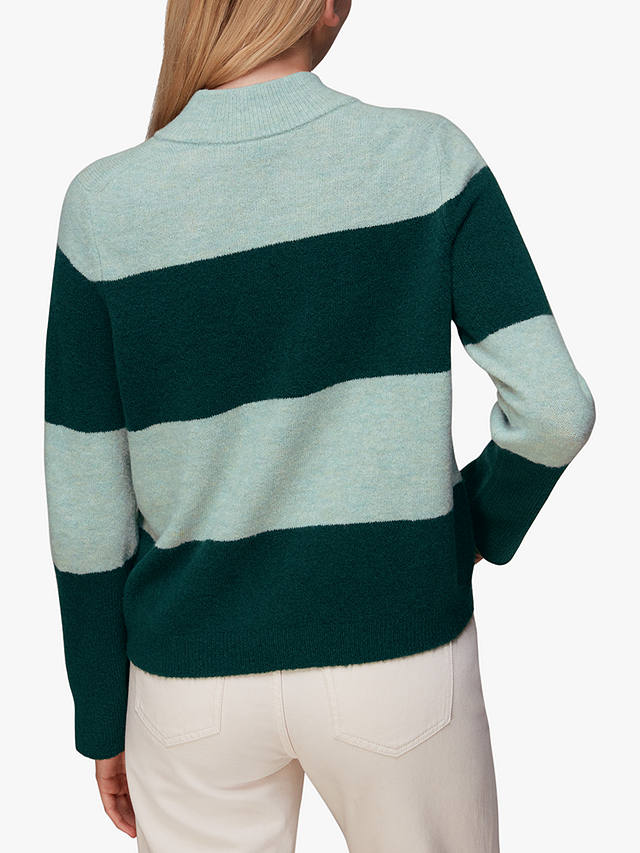Whistles Stripe Button Neck Wool Blend Jumper, Green/Multi
