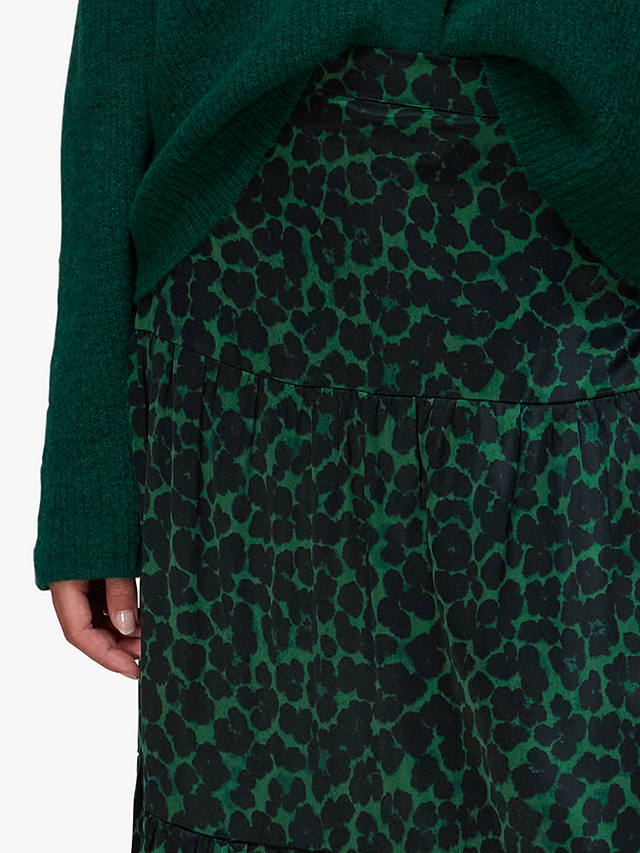Whistles Smudge Animal Print Tiered Midi Skirt, Green/Multi