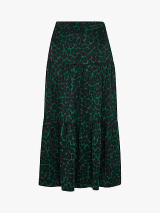 Whistles Smudge Animal Print Tiered Midi Skirt, Green/Multi