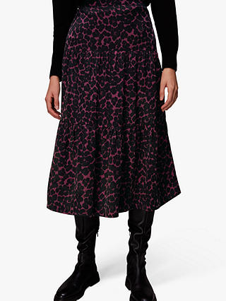Whistles Smudge Animal Print Tiered Midi Skirt, Pink/Multi