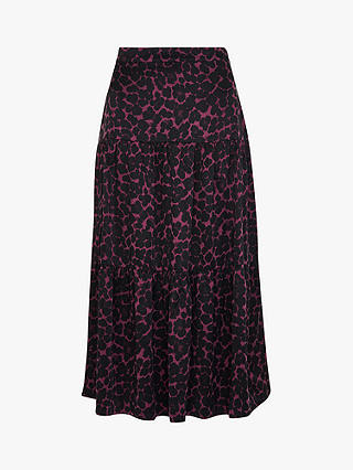 Whistles Smudge Animal Print Tiered Midi Skirt, Pink/Multi