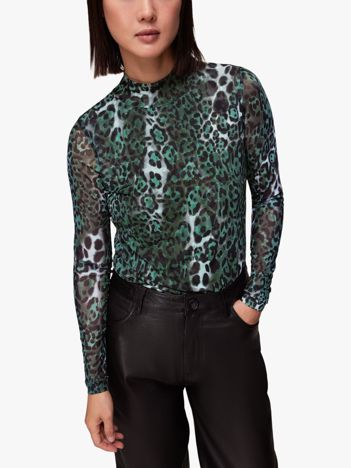 Whistles Animal Print Sheer Long Sleeved Top, Green/Multi, 6