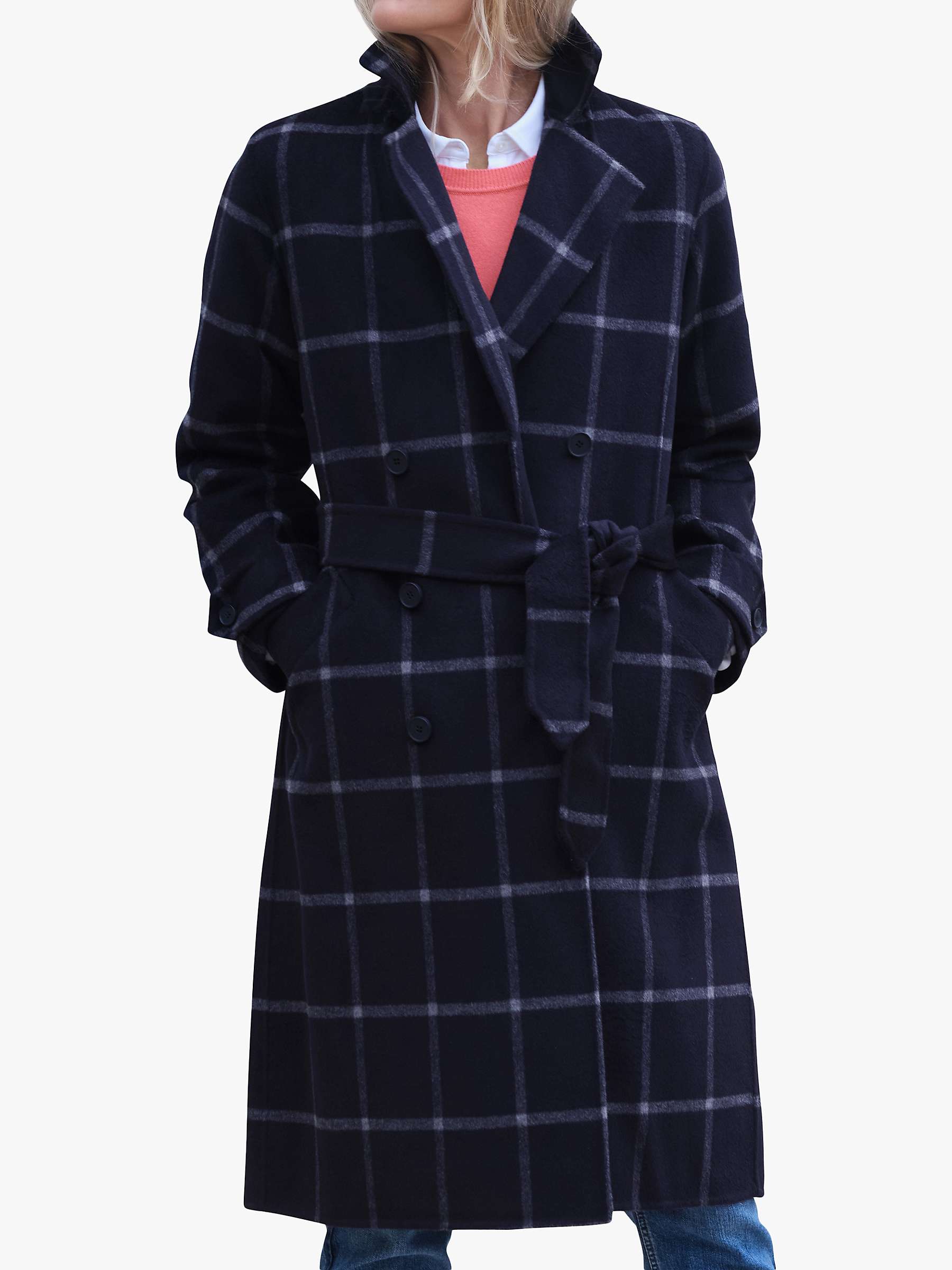 Buy Pure Collection Double Faced Check Longline Coat, Navy Online at johnlewis.com