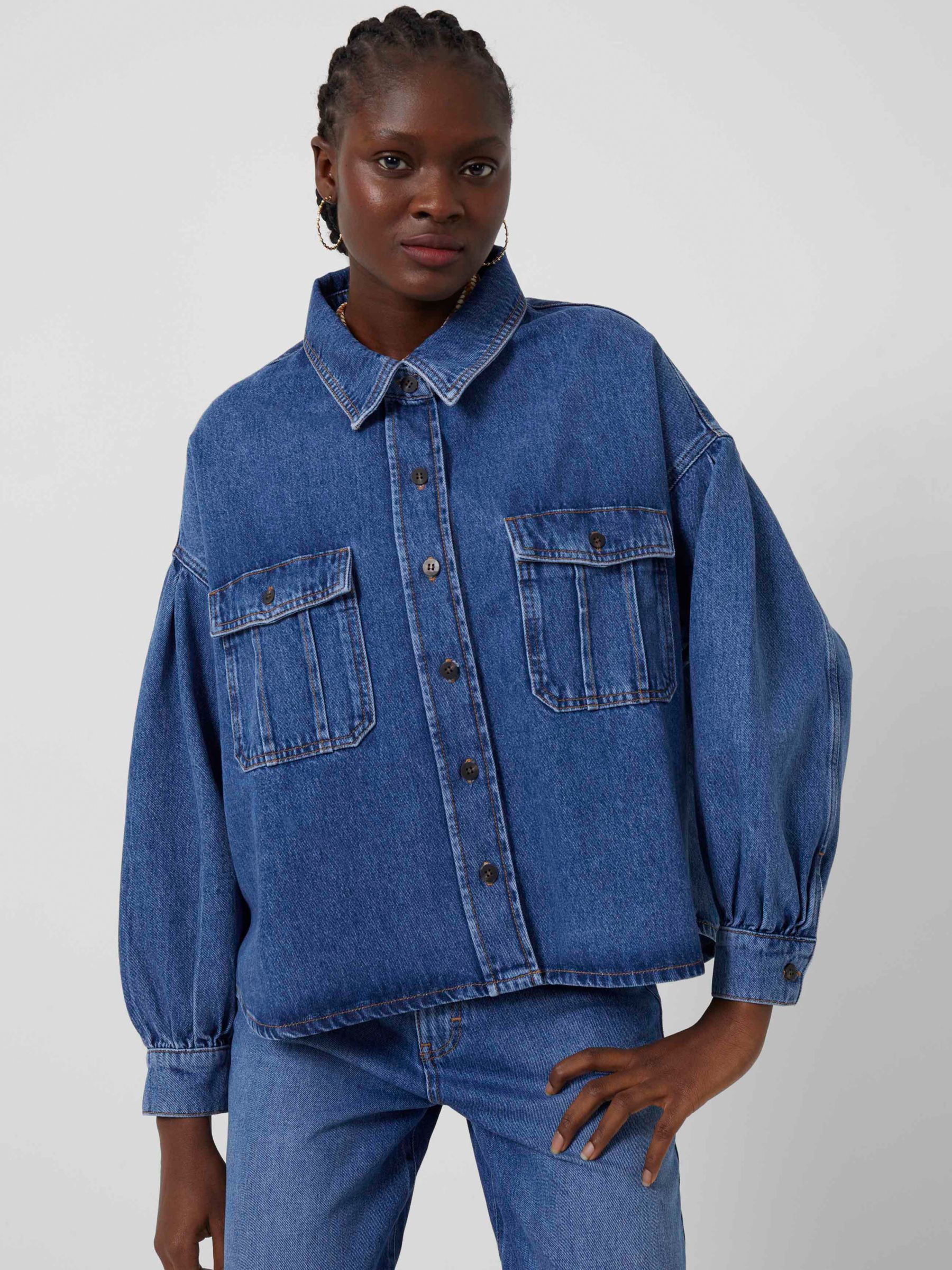 French Connection Penelope Denim Puff Shirt, Mid Vintage Blue, S