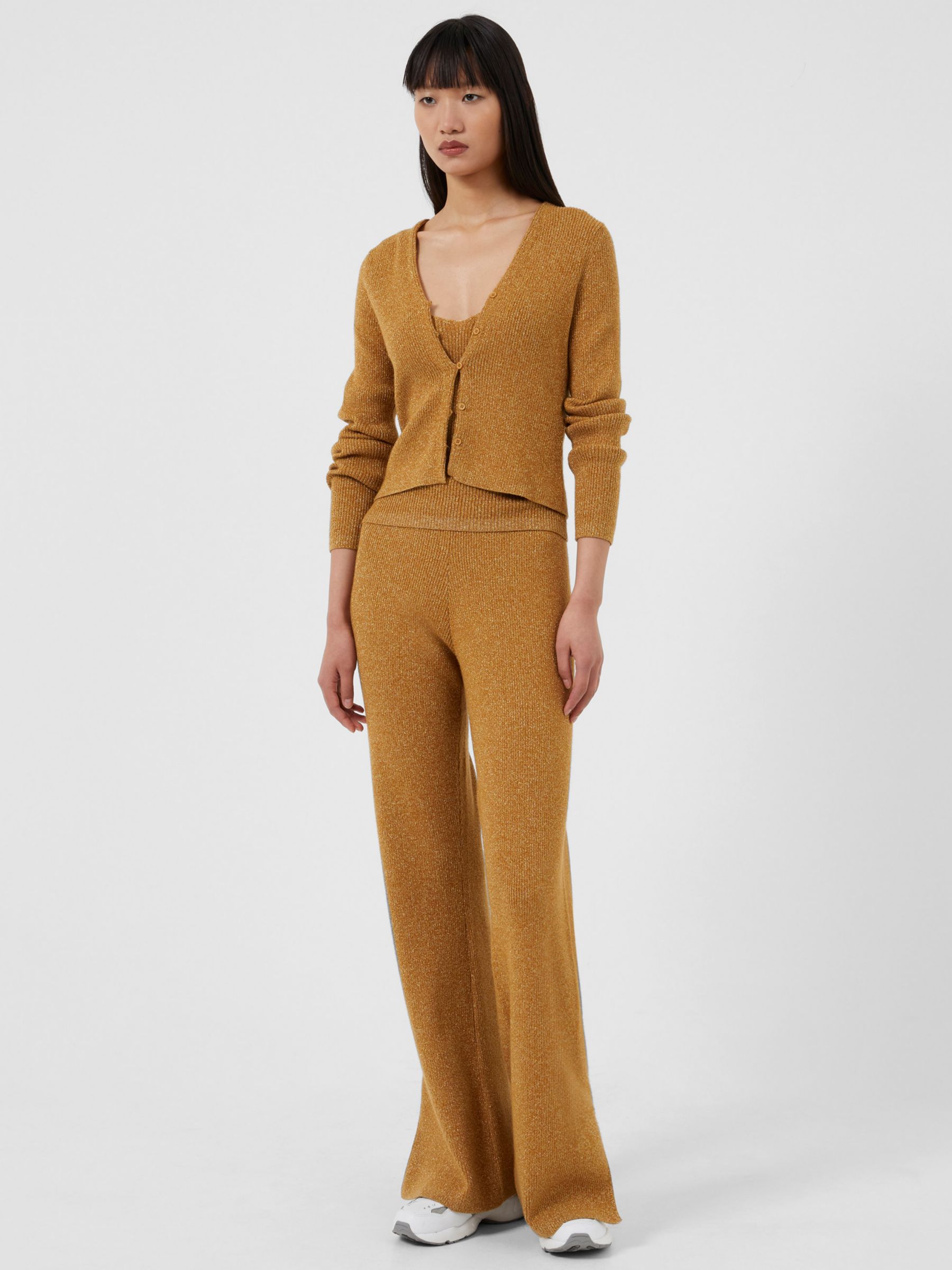 French Connection Nella Metallic Thread Knit Ribbed Trousers, Gold/Brown, XS