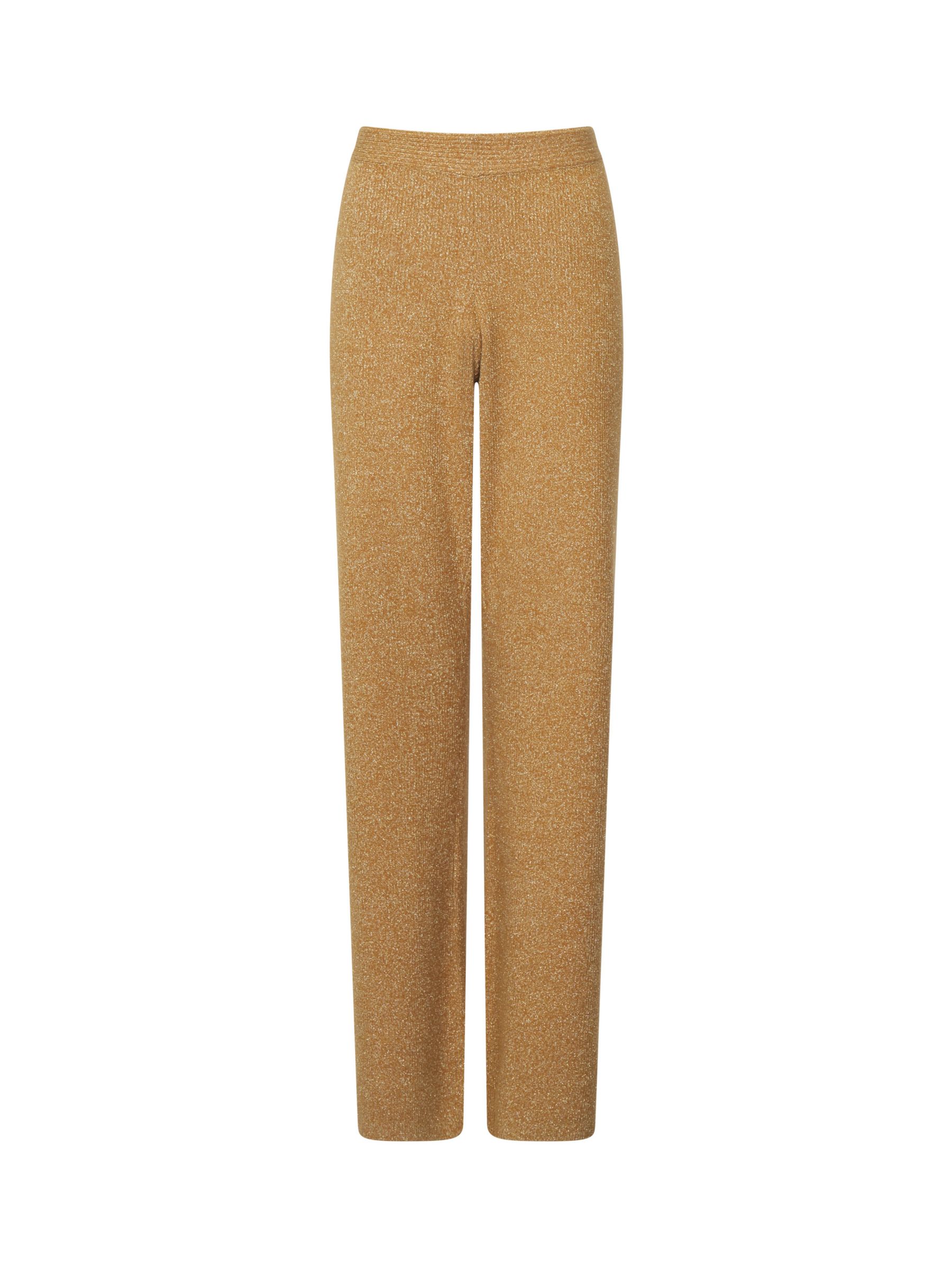 French Connection Nella Metallic Thread Knit Ribbed Trousers, Gold/Brown, XS