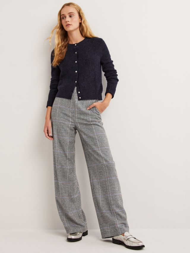 Boden Wool Blend Wide Leg Check Trousers, Charcoal, 8