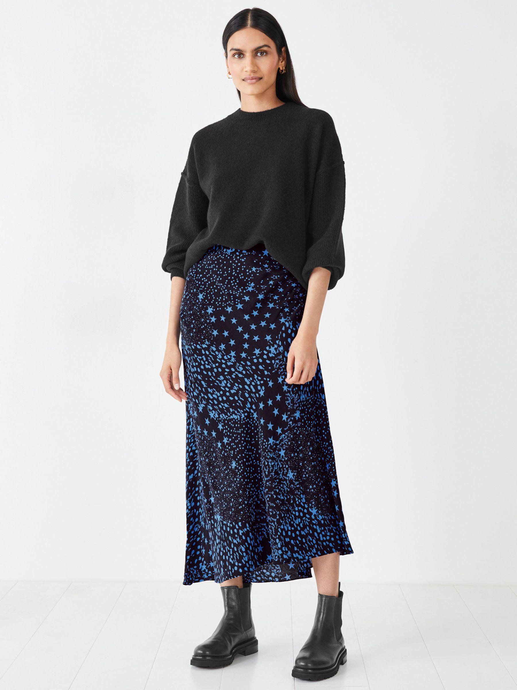 HUSH Lily Patchwork Star Midi Skirt, Black/Blue at John Lewis & Partners