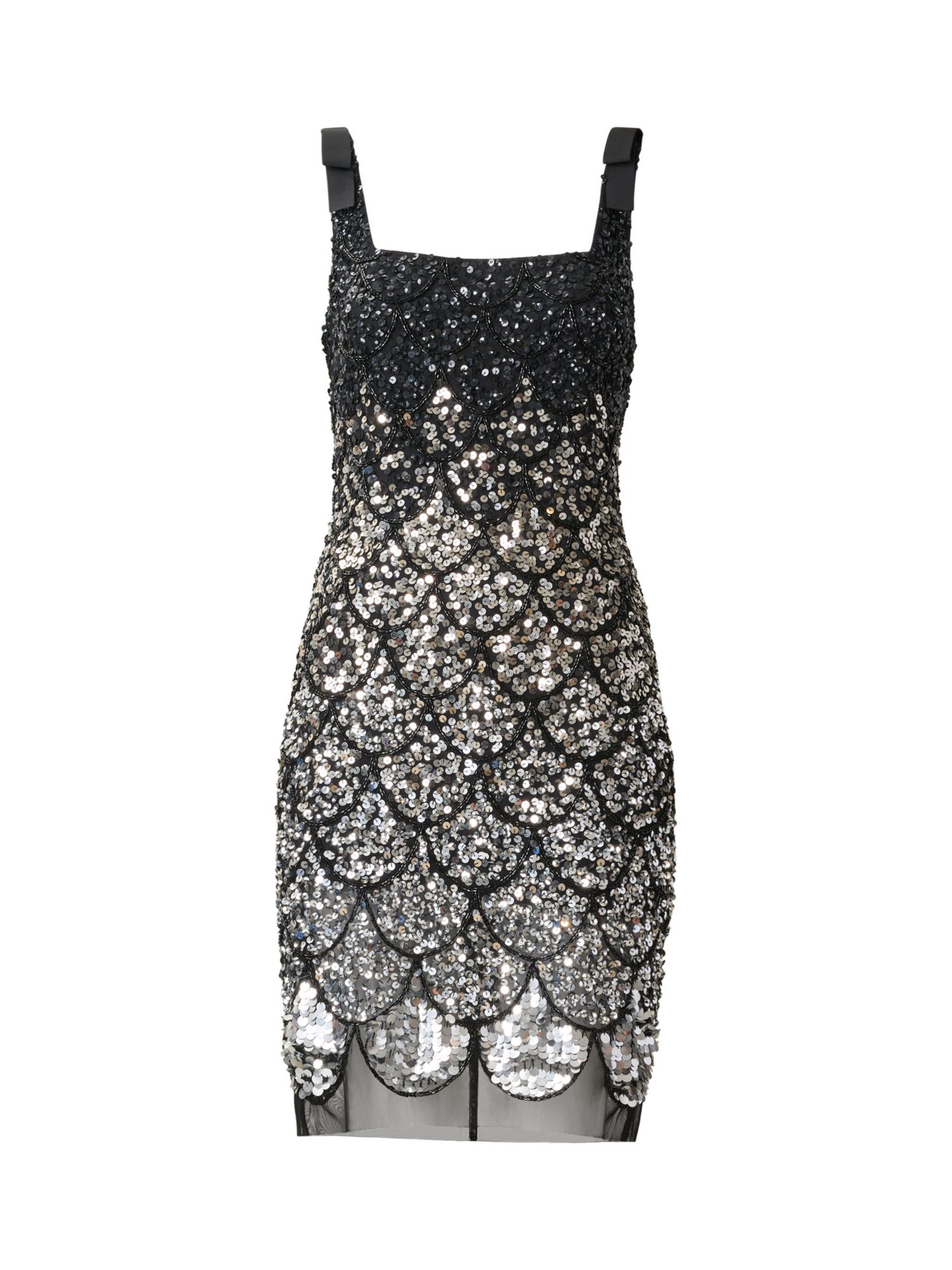 Adrianna Papell Scallop Beaded Mini Dress, Black/Silver, 6