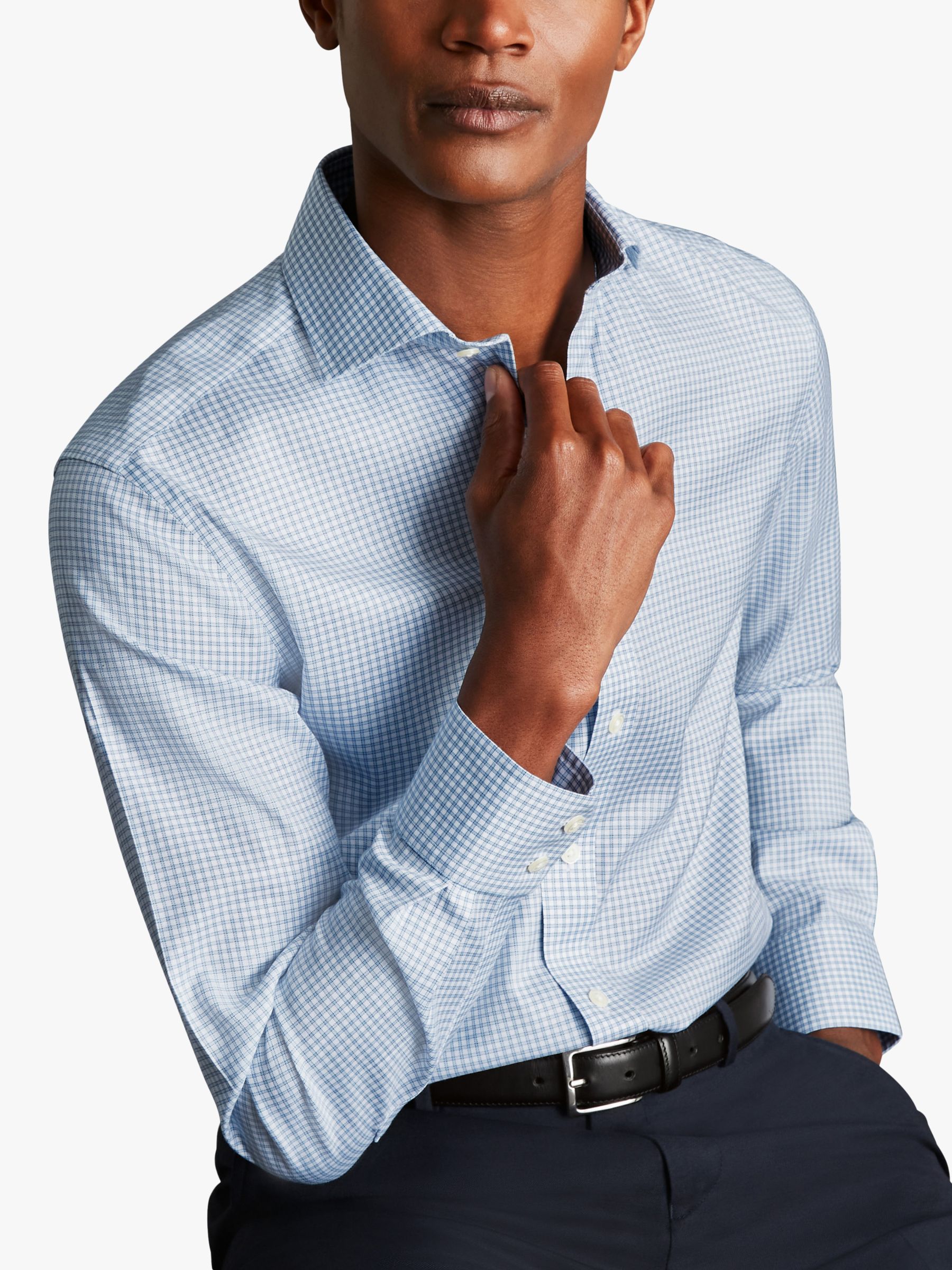 Charles Tyrwhitt Semi-Cutaway Collar Check Shirt, Steel Blue, 15.5S