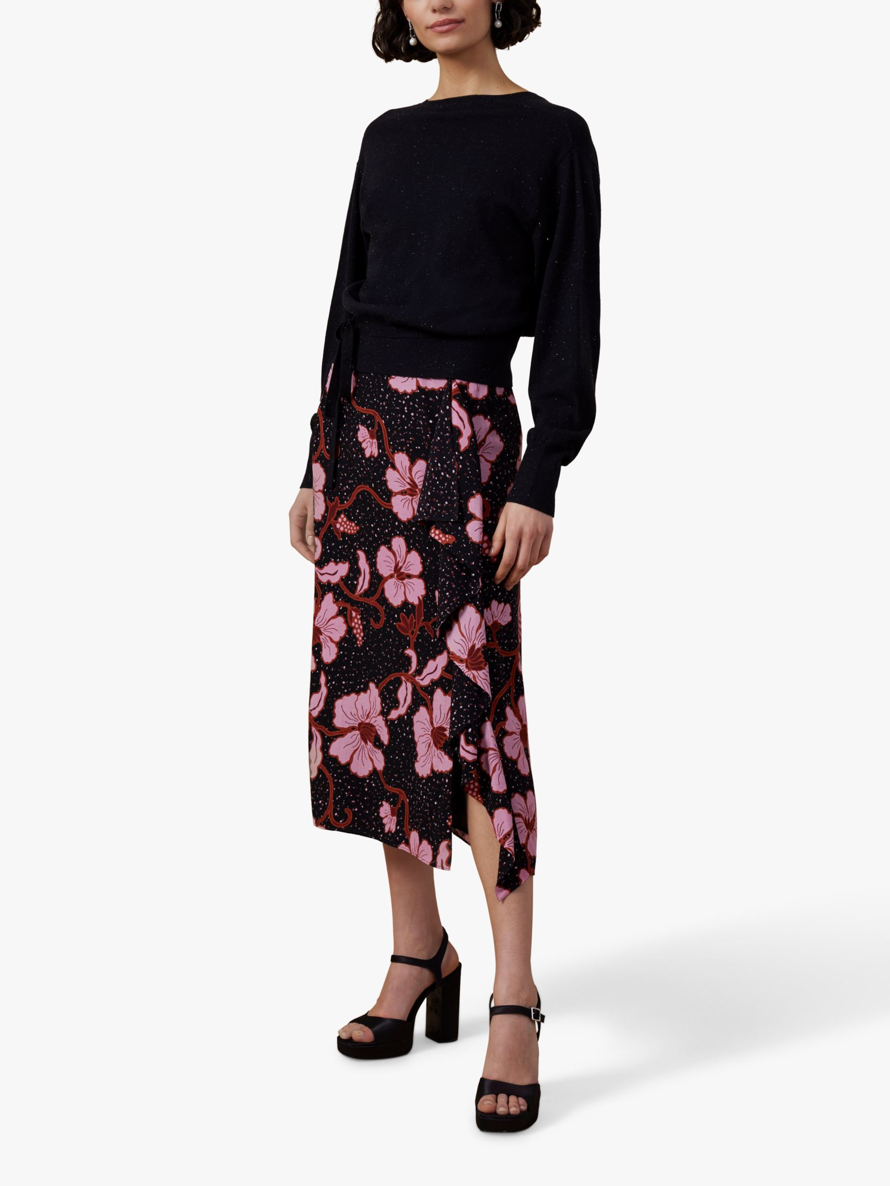 Great Plains Floral Print Midi Skirt, Black/Multi