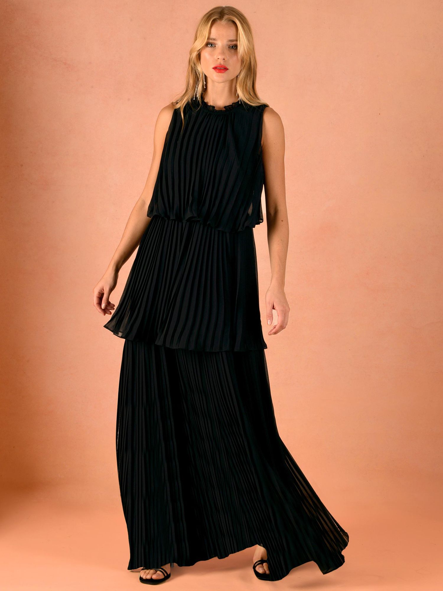 Ro&Zo Isla Pleated Tiered Dress, Black at John Lewis & Partners