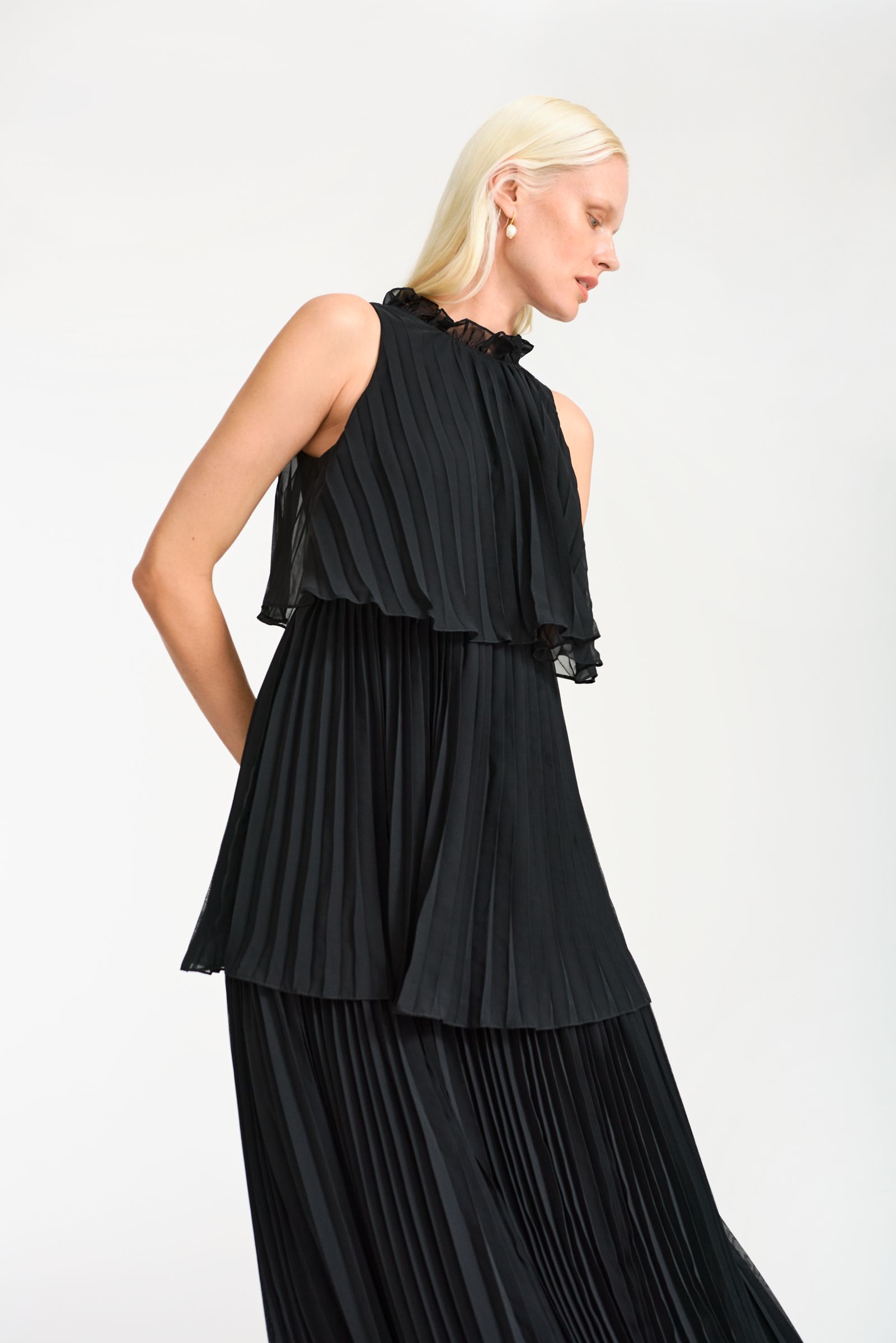 Ro&Zo Isla Pleated Tiered Dress, Black at John Lewis & Partners