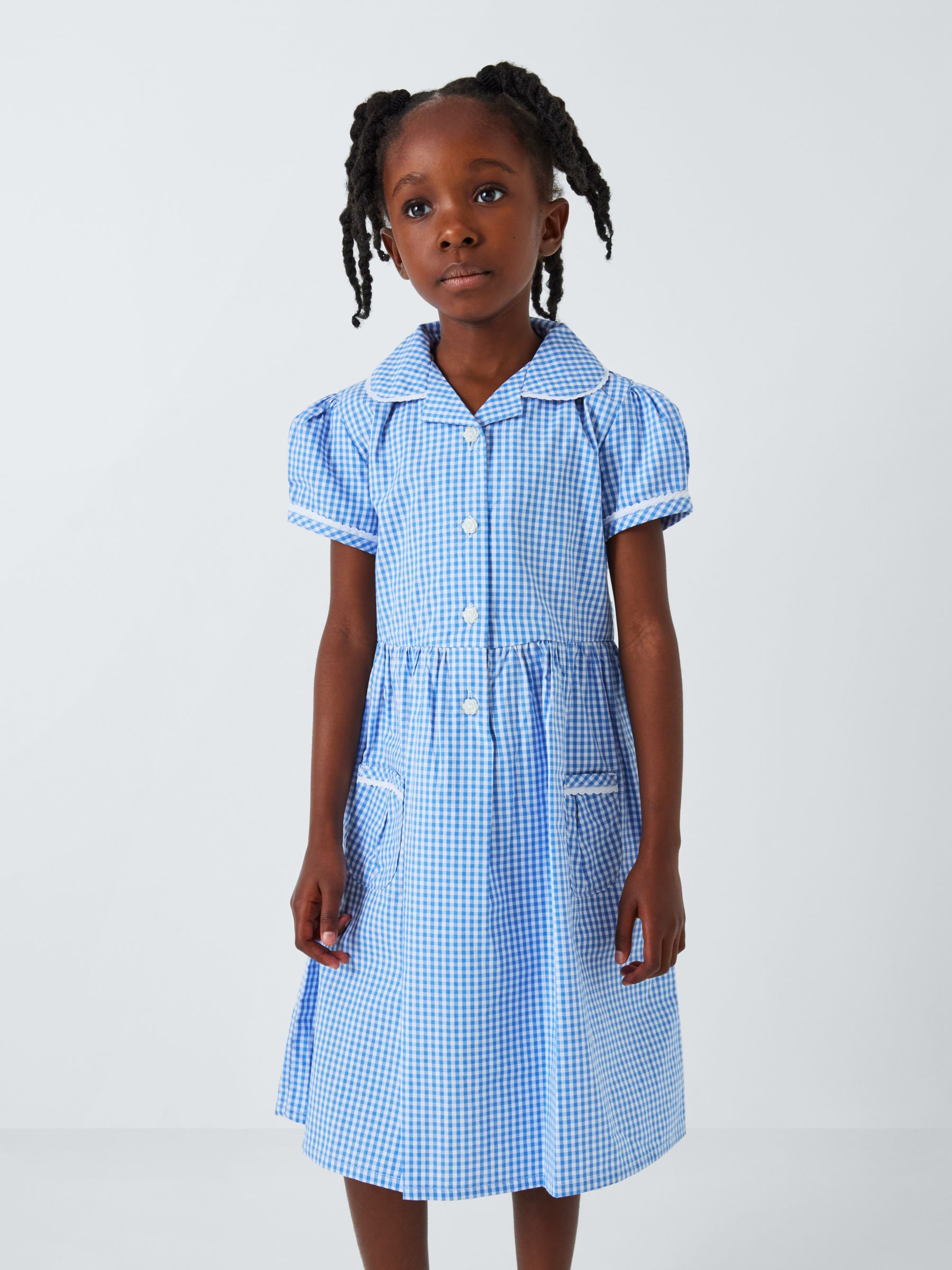 John Lewis Kids' School Gingham Cotton A-Line Dress, Blue/White, 4 years