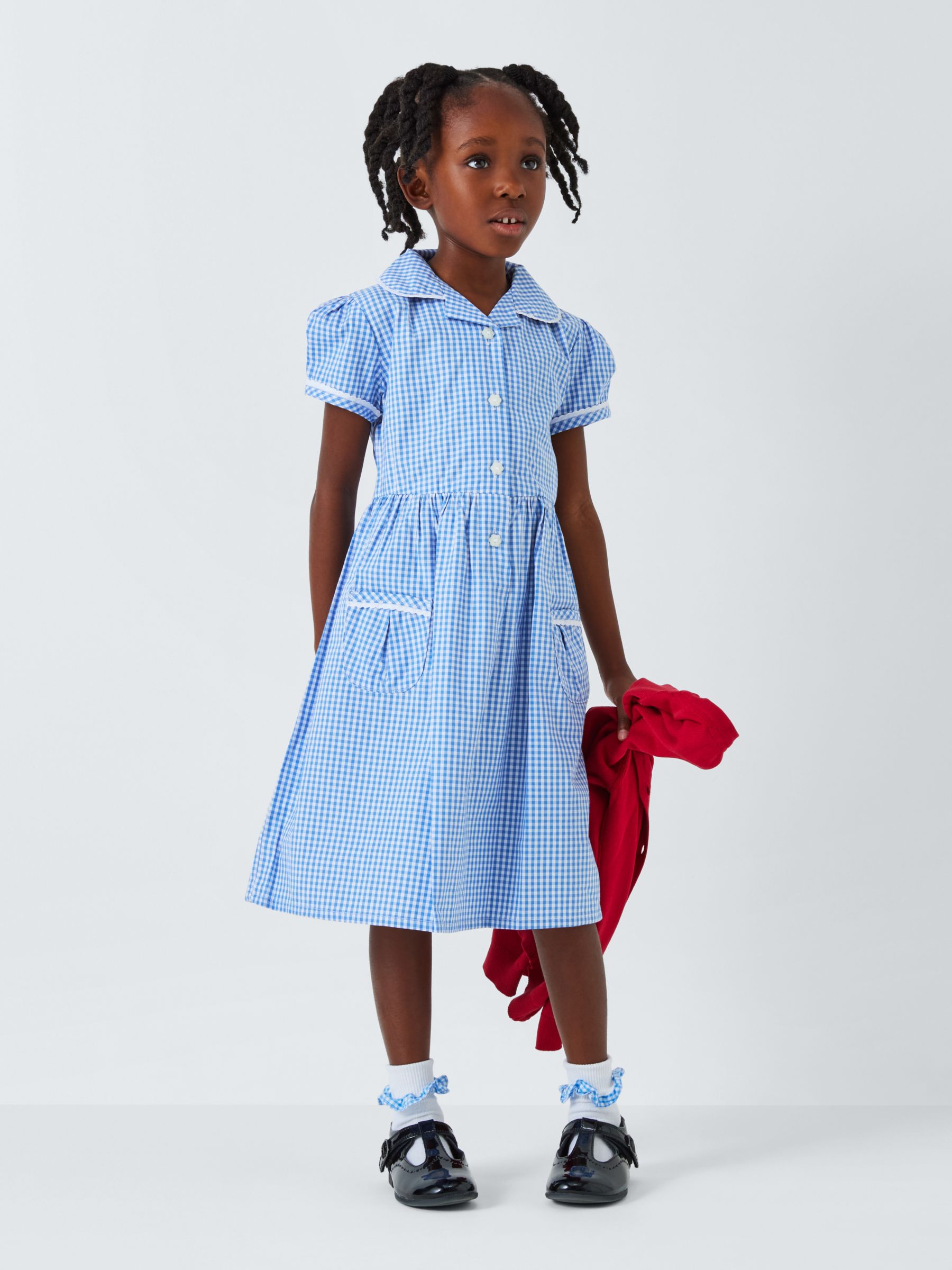 John Lewis Kids' School Gingham Cotton A-Line Dress, Blue/White, 4 years